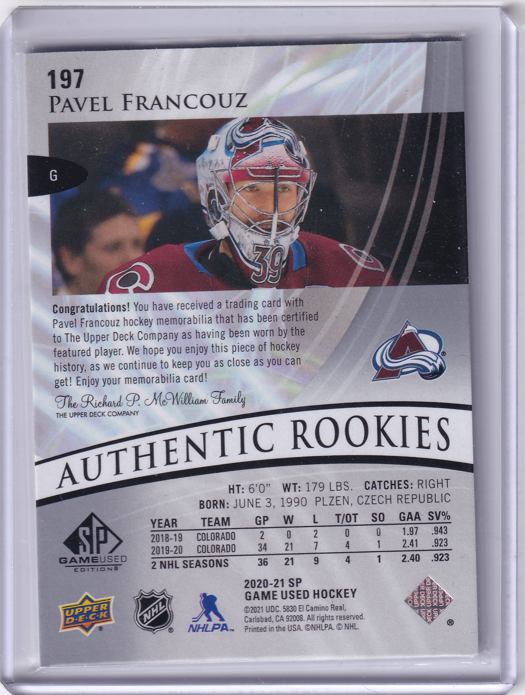 Pavel Francouz – 2020-21 SP Game Used Authentic Rookies Silver Jersey #197 – Rookie Memorabilia