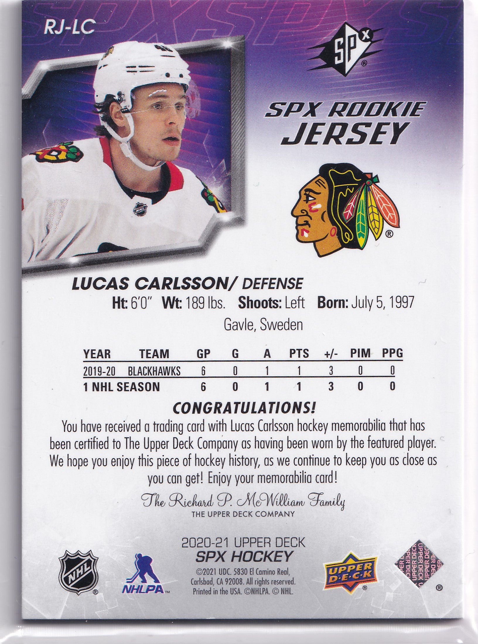 Lucas Carlsson – 2020-21 SPx Rookie Jersey – #RJ-LC