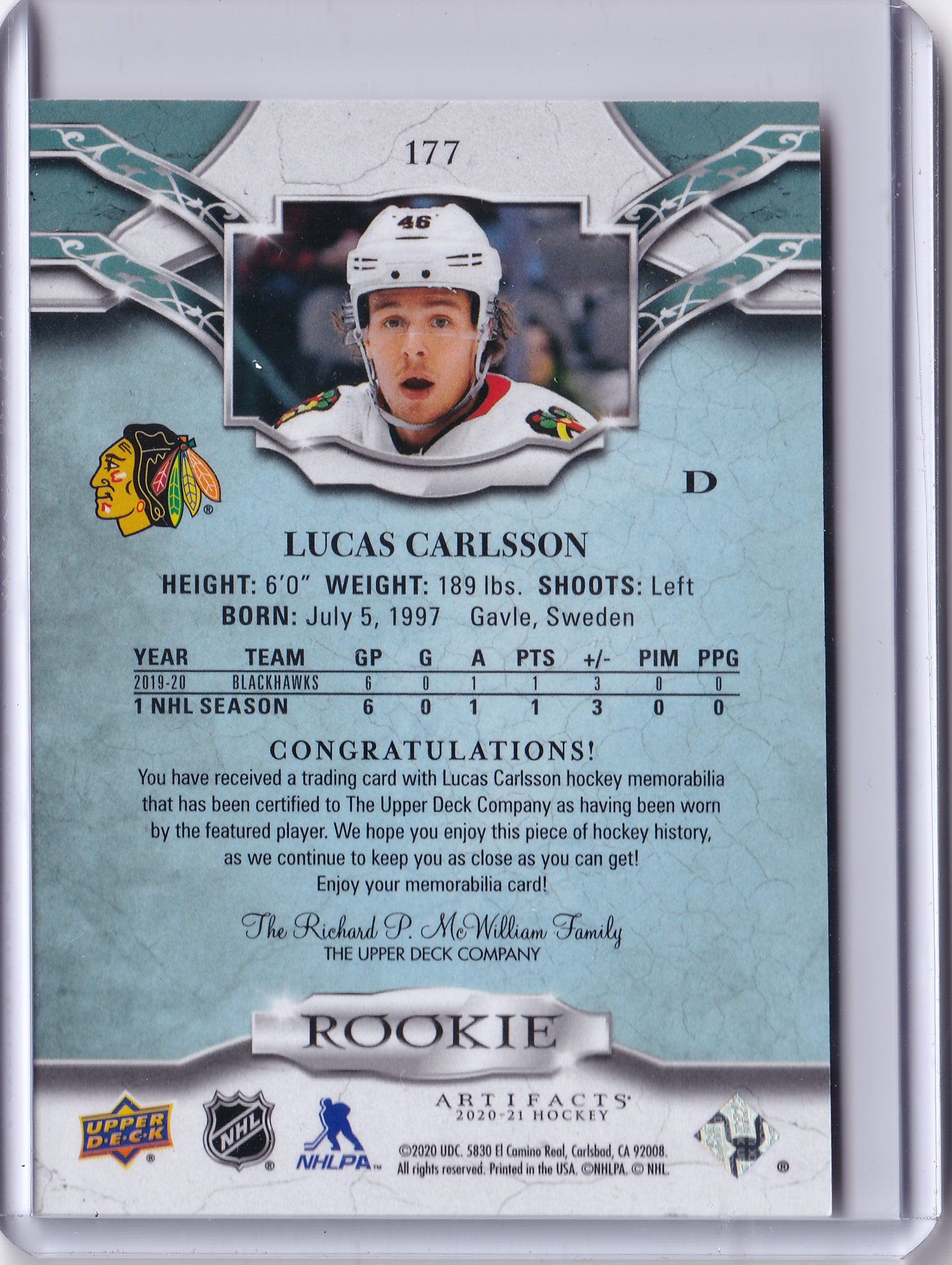 Lucas Carlsson – 2020-21 Upper Deck Artifacts Rookie Dual Jersey #177 /599