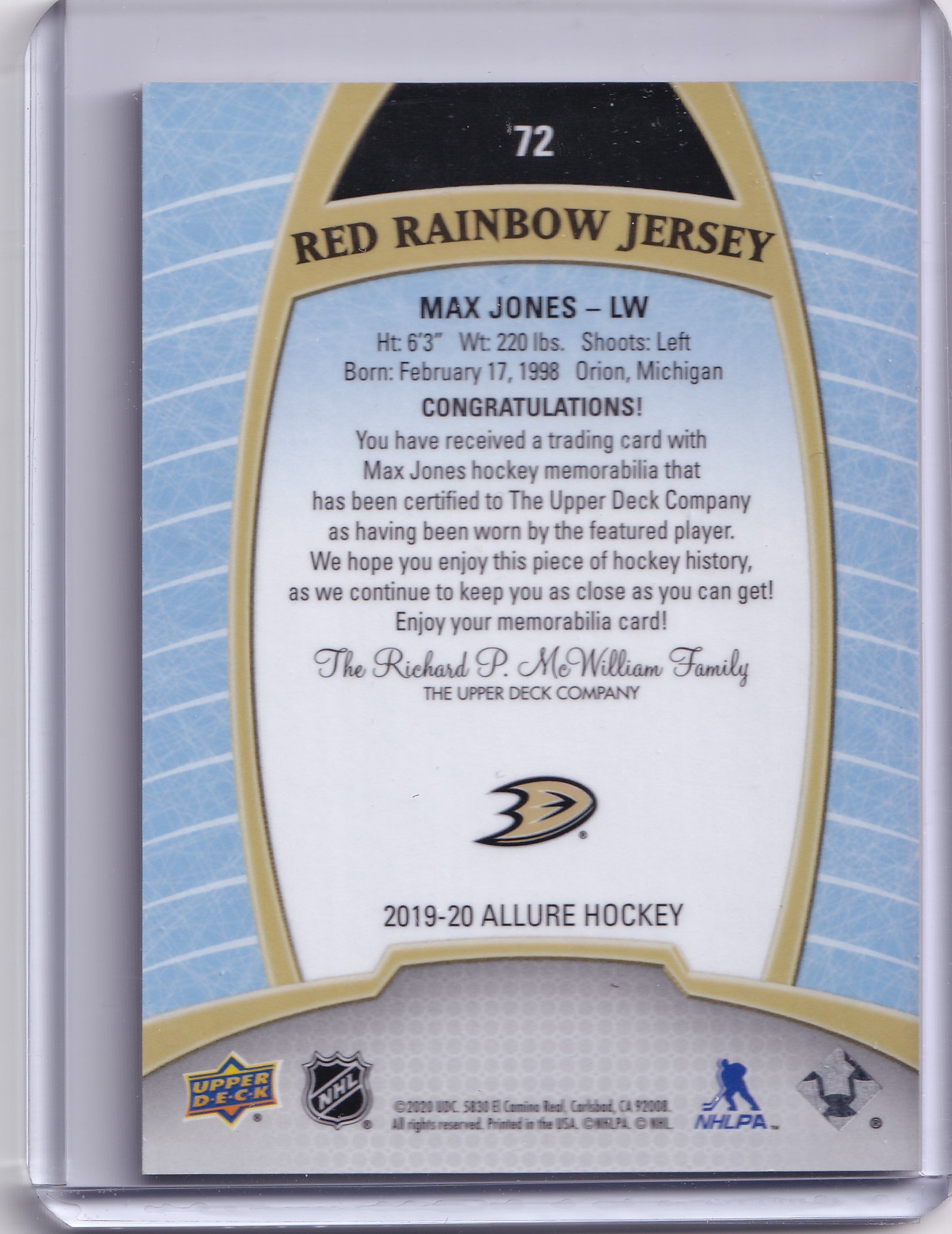 Max Jones – 2019-20 Upper Deck Allure Red Rainbow Jersey #72 RC