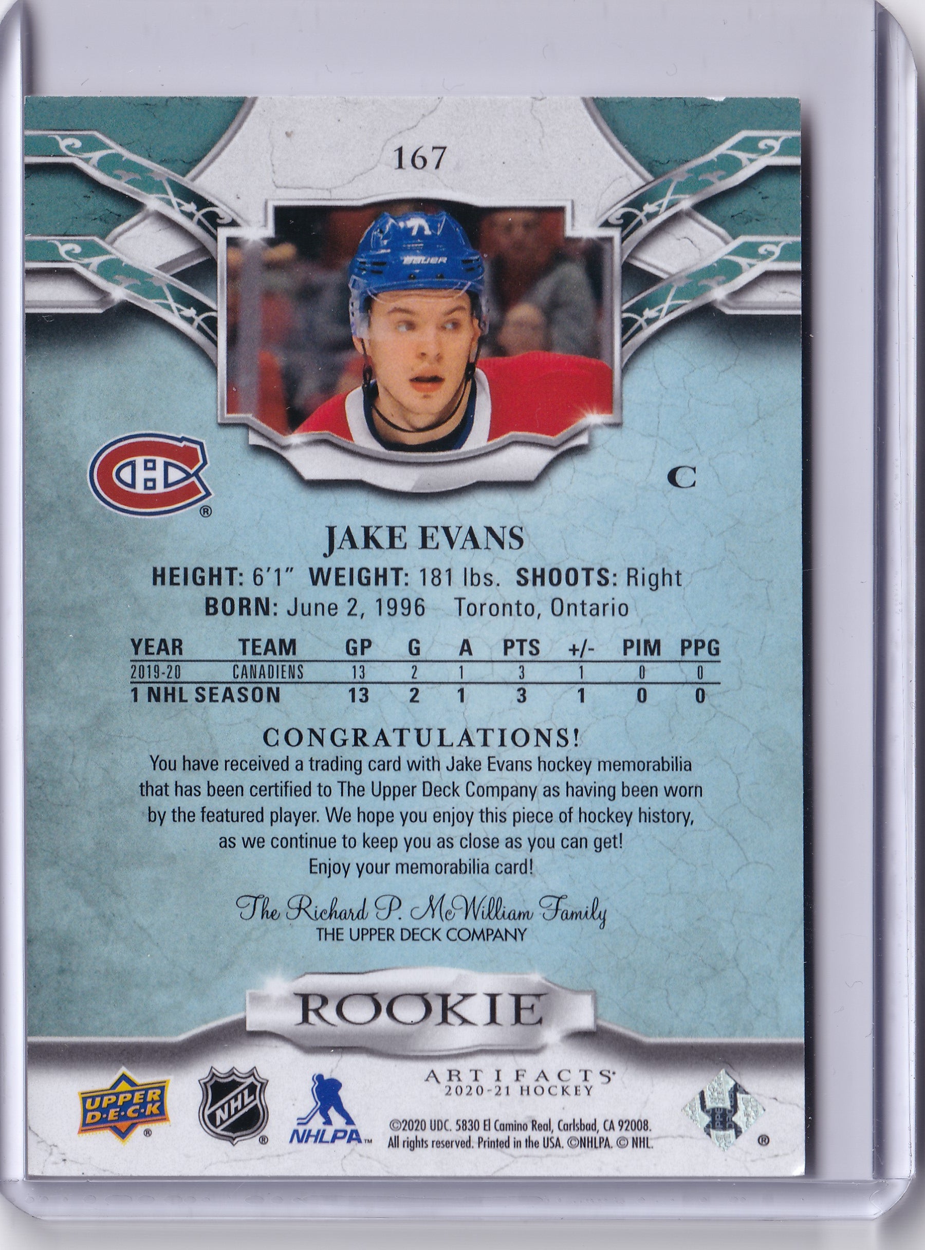 Jake Evans – 2020-21 Upper Deck Artifacts Rookie Dual Jersey #167 /599
