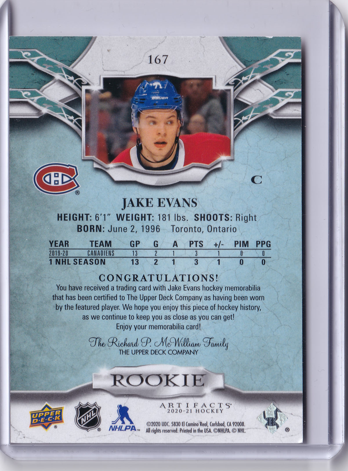 Jake Evans – 2020-21 Upper Deck Artifacts Rookie Dual Jersey #167 /599