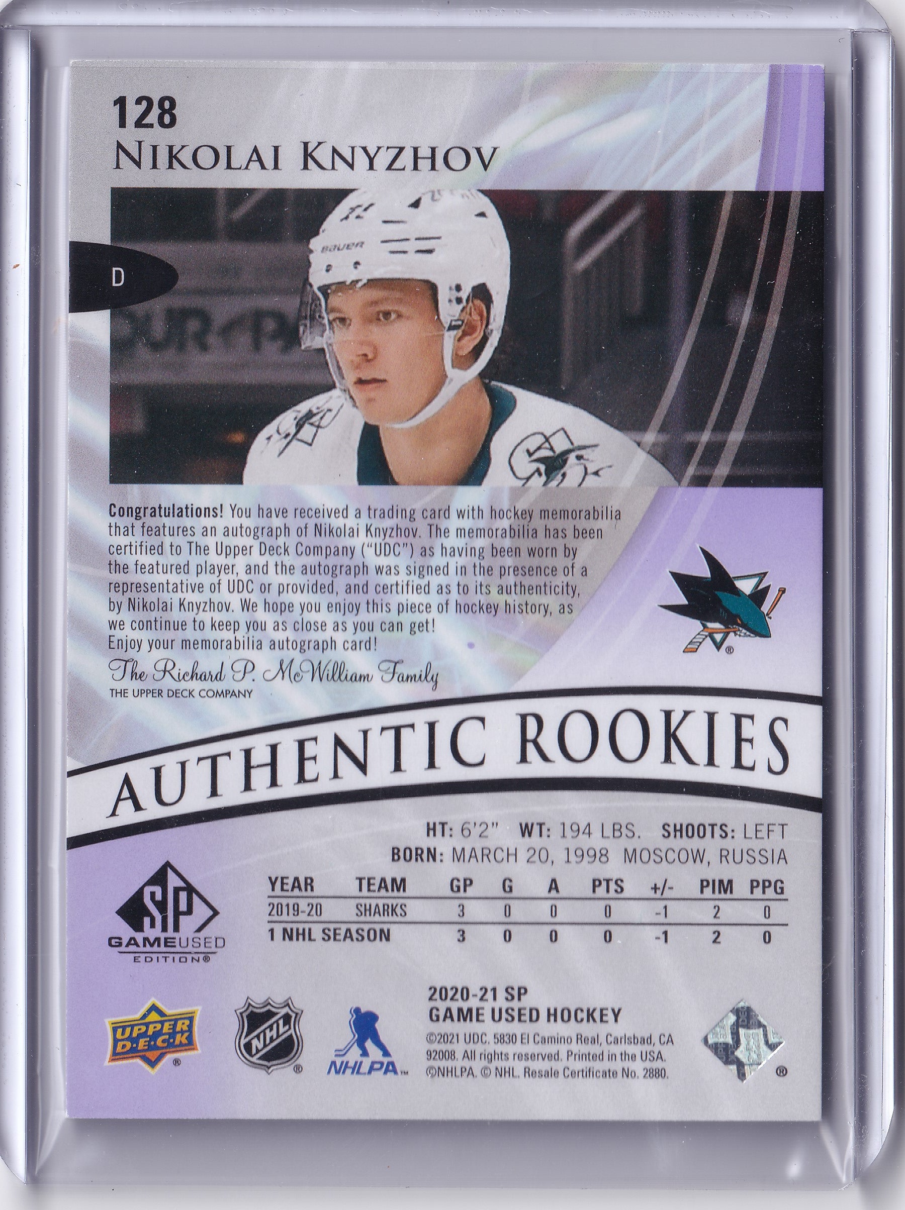 Nikolai Knyzhov – 2020-21 SP Game Used Authentic Rookies Purple Auto Jersey #128 /65 RC Auto