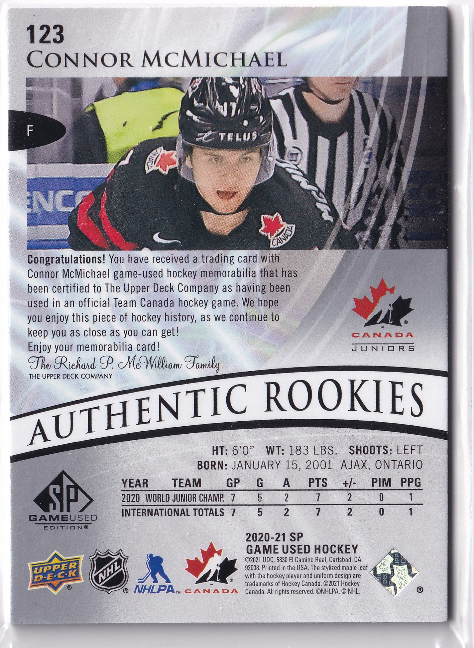 Connor McMichael – 2020-21 SP Game Used Authentic Rookies Team Canada Jersey #123