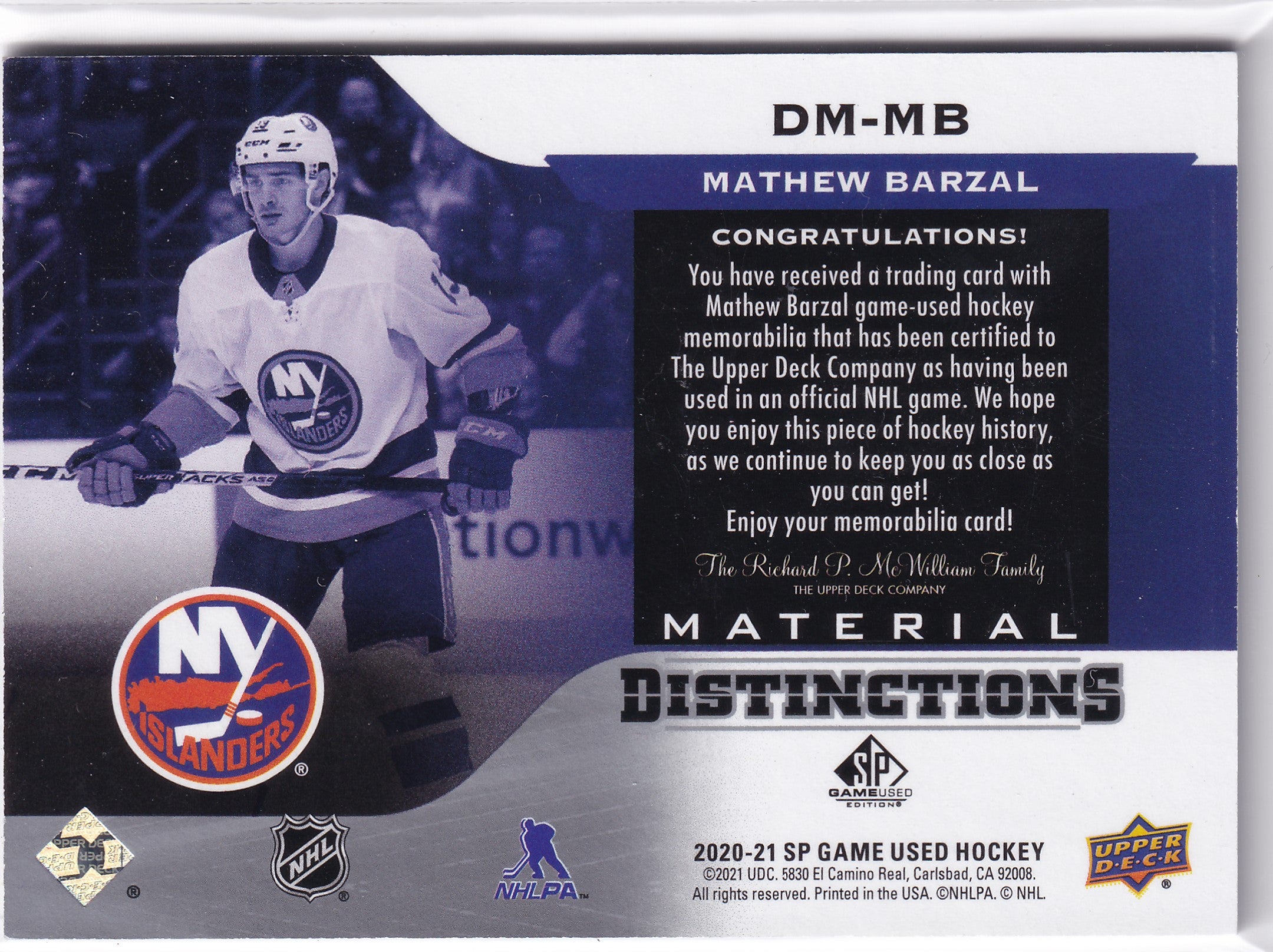 Mathew Barzal – 2020-21 Upper Deck SP Game Used Material Distinctions Jersey #DM-MB