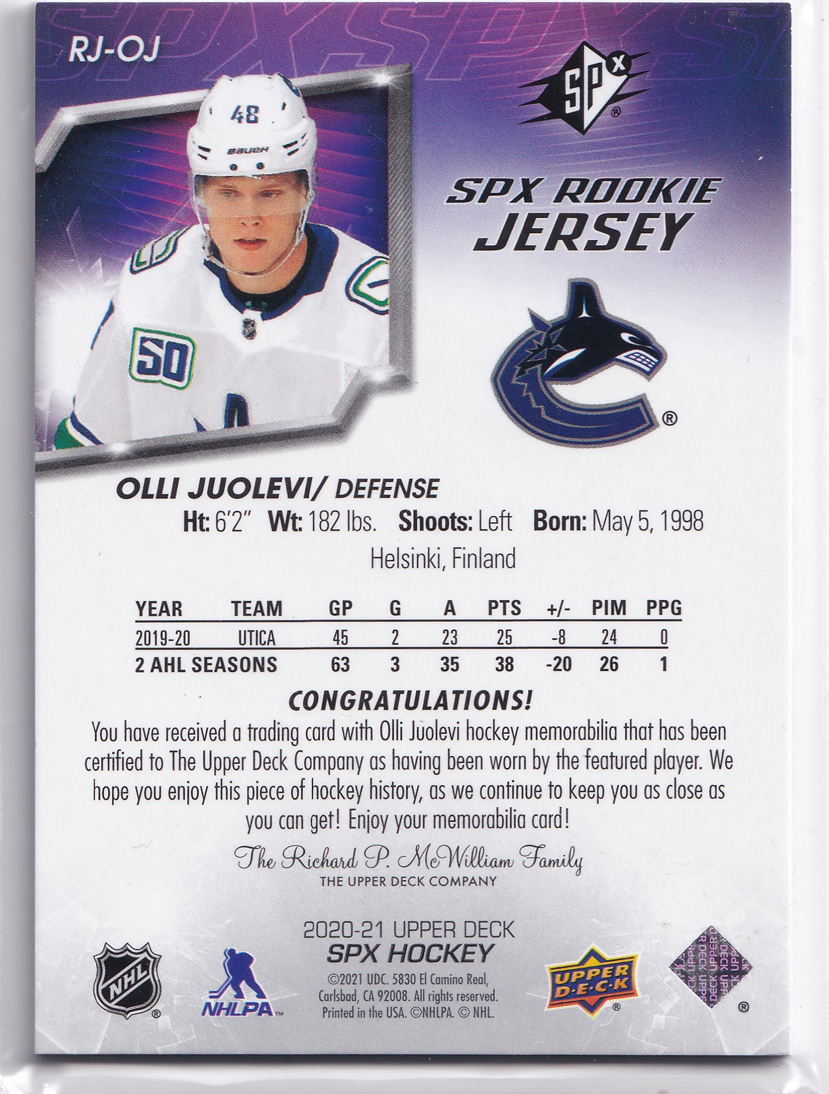 Olli Juolevi – 2020-21 Upper Deck SPx Rookie Jersey – #RJ-OJ
