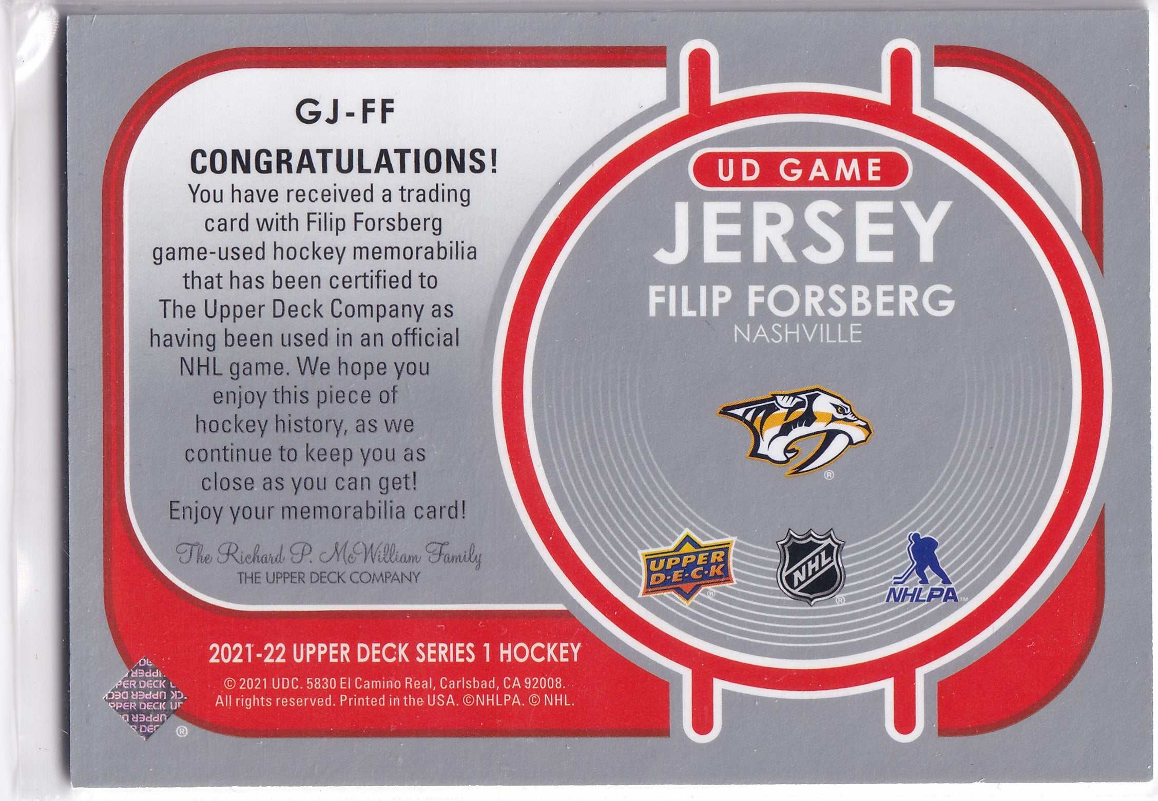 Filip Forsberg – 2021-22 Upper Deck UD Game Jersey – #GJ-FF