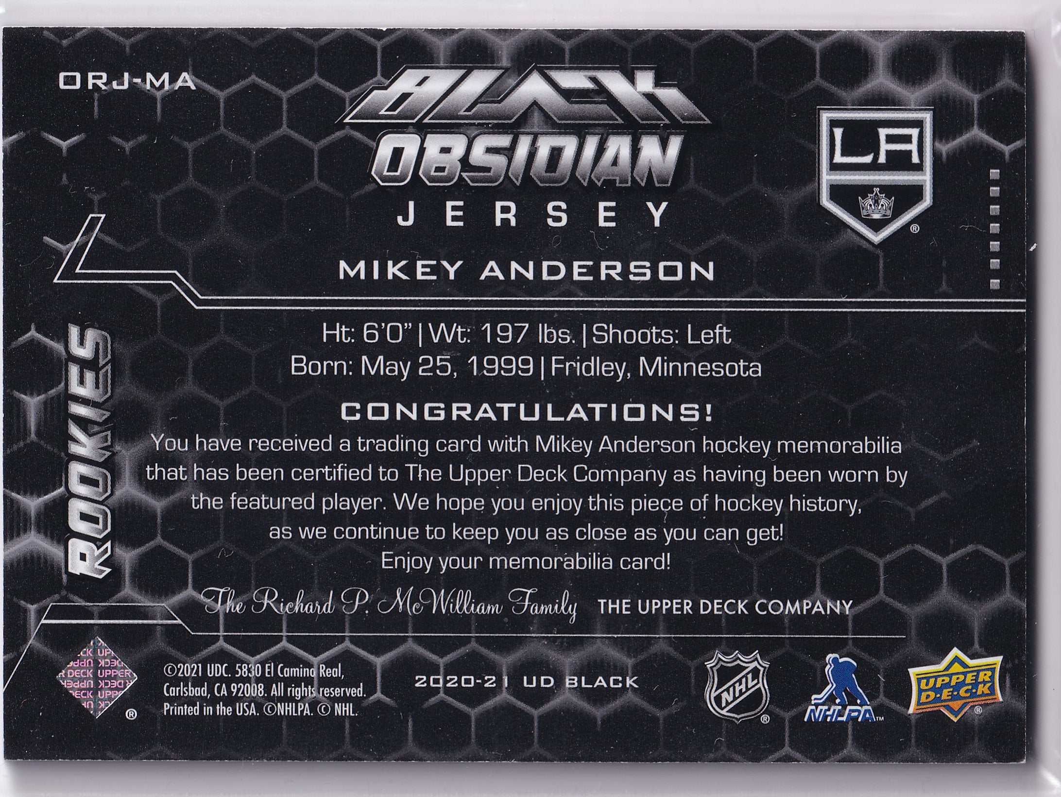 Mikey Anderson – 2020-21 SPx UD Black Obsidian Rookie Jersey /399 – #ORJ-MA