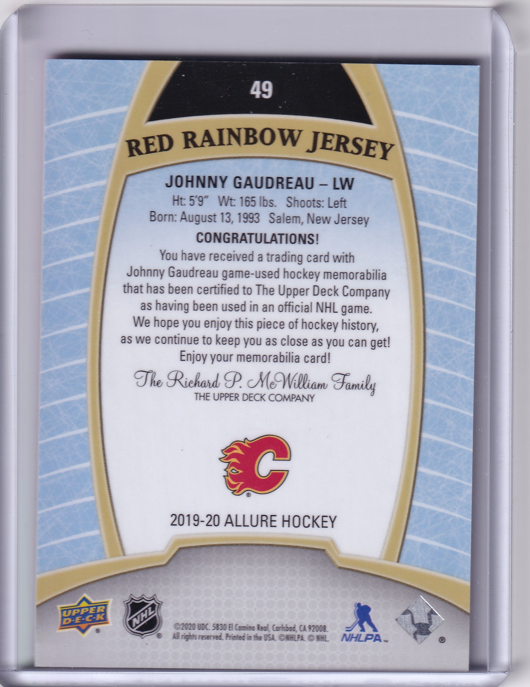Johnny Gaudreau – 2019-20 Upper Deck Allure Red Rainbow Jersey #49