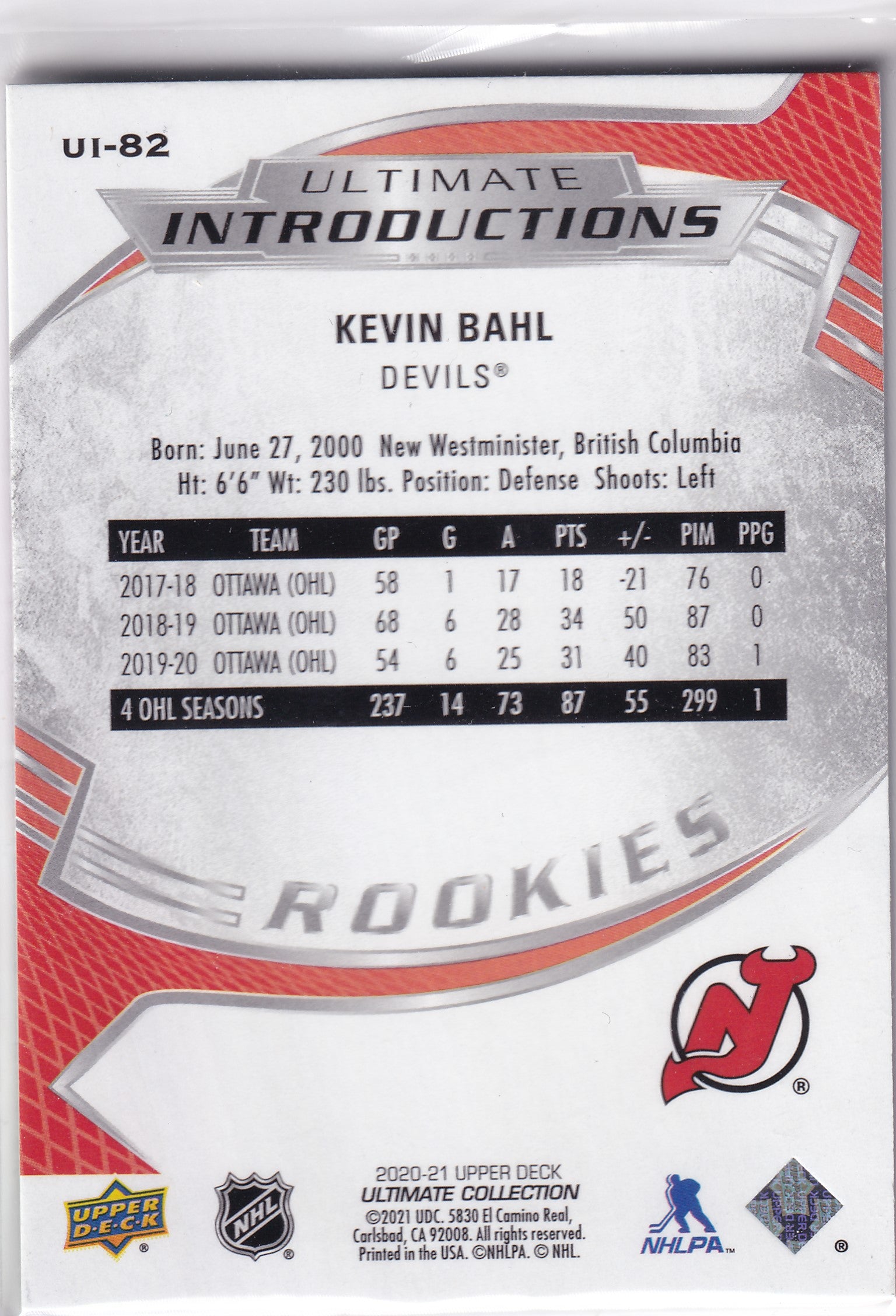 Kevin Bahl – 2020-21 Upper Deck Ultimate Collection Ultimate Introductions Rookie #UI-82