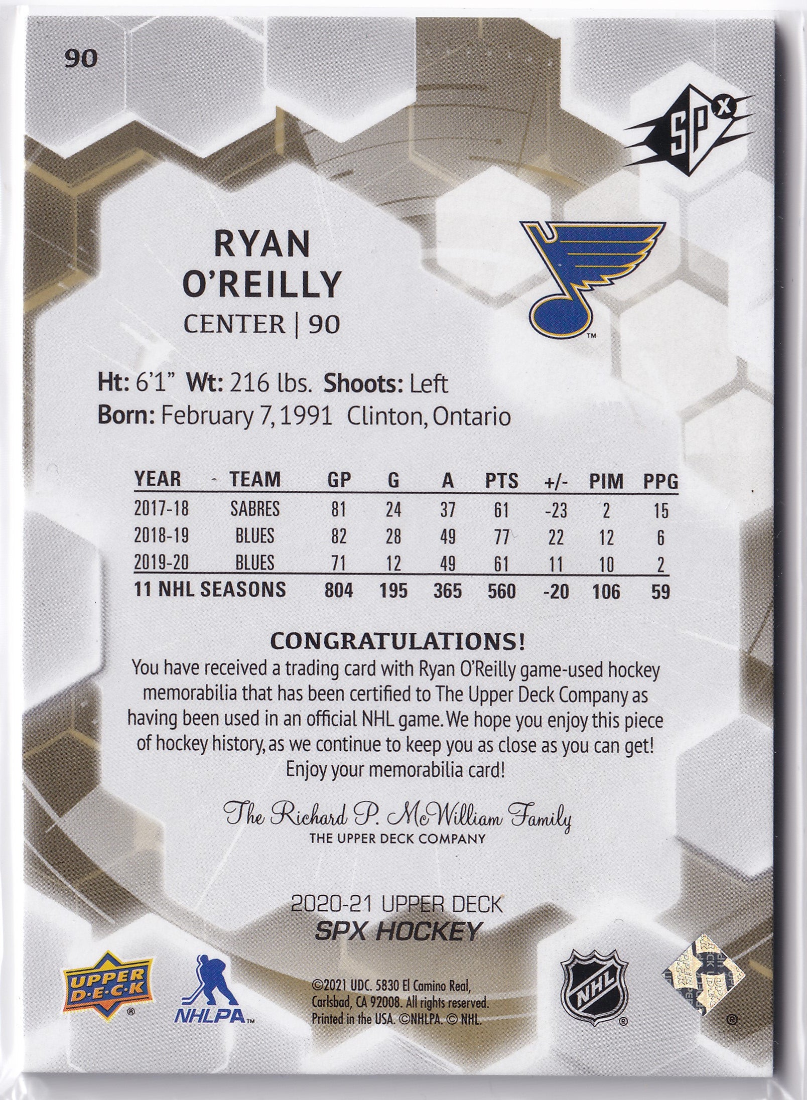Ryan O’Reilly – 2020-21 Upper Deck SPx Jersey #90 – Game-Used Memorabilia