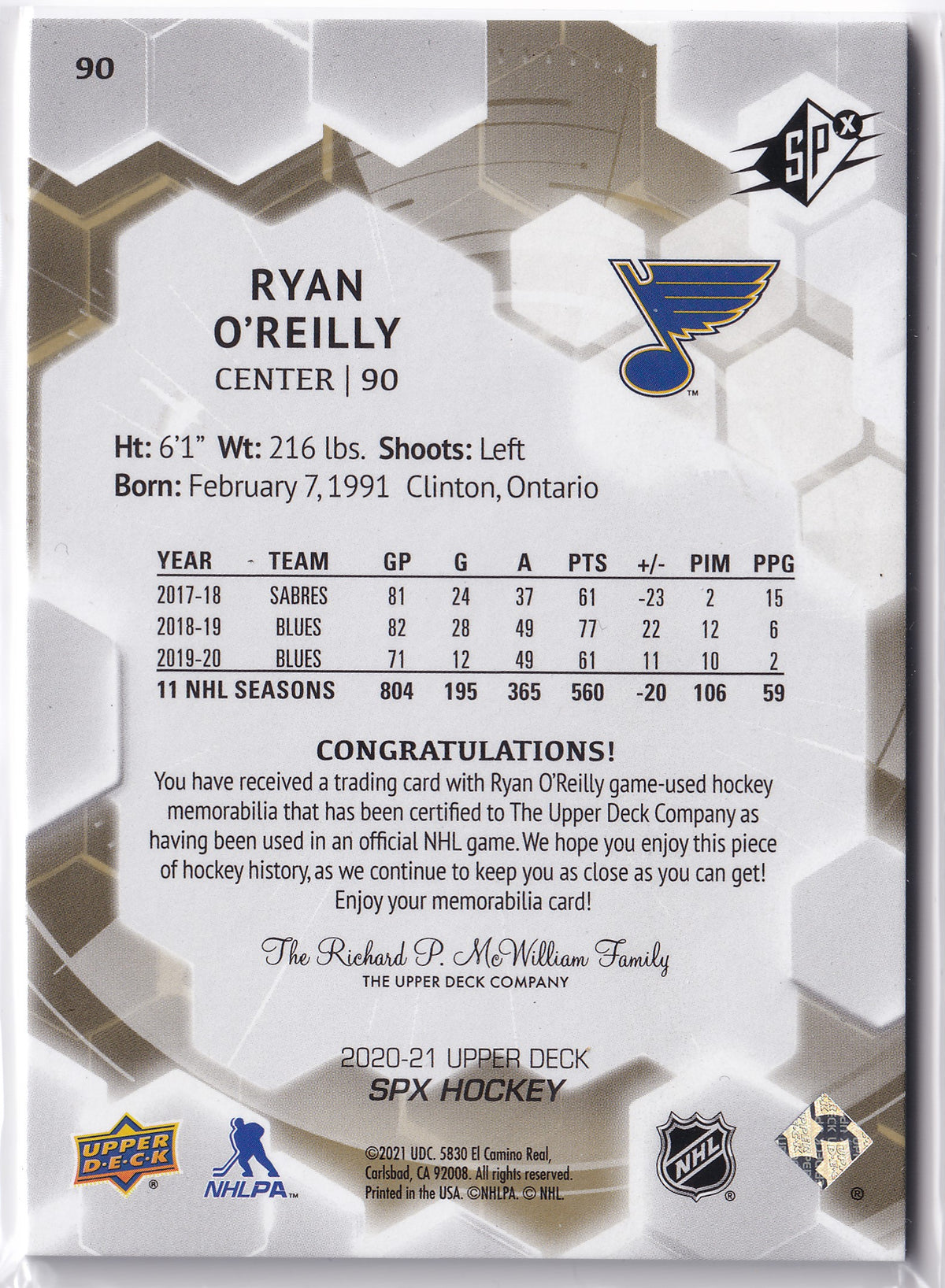Ryan O’Reilly – 2020-21 Upper Deck SPx Jersey #90 – Game-Used Memorabilia