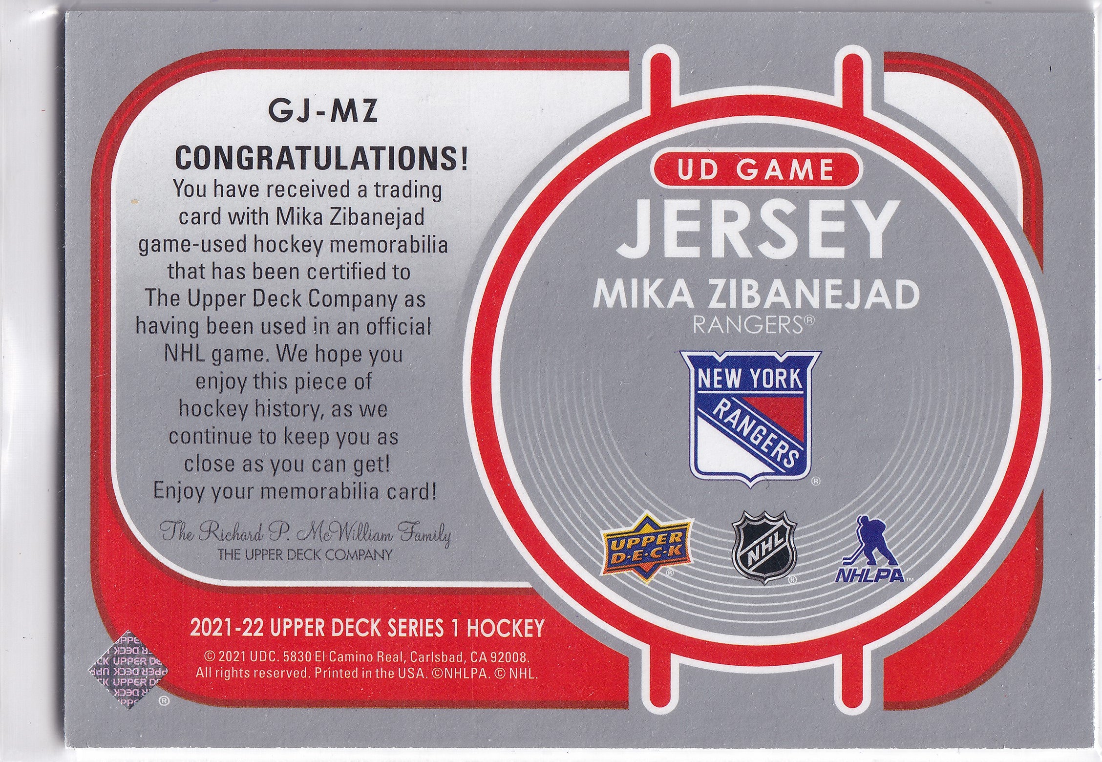 Mika Zibanejad – 2021-22 Upper Deck Series 1 UD Game Jersey – #GJ-MZ