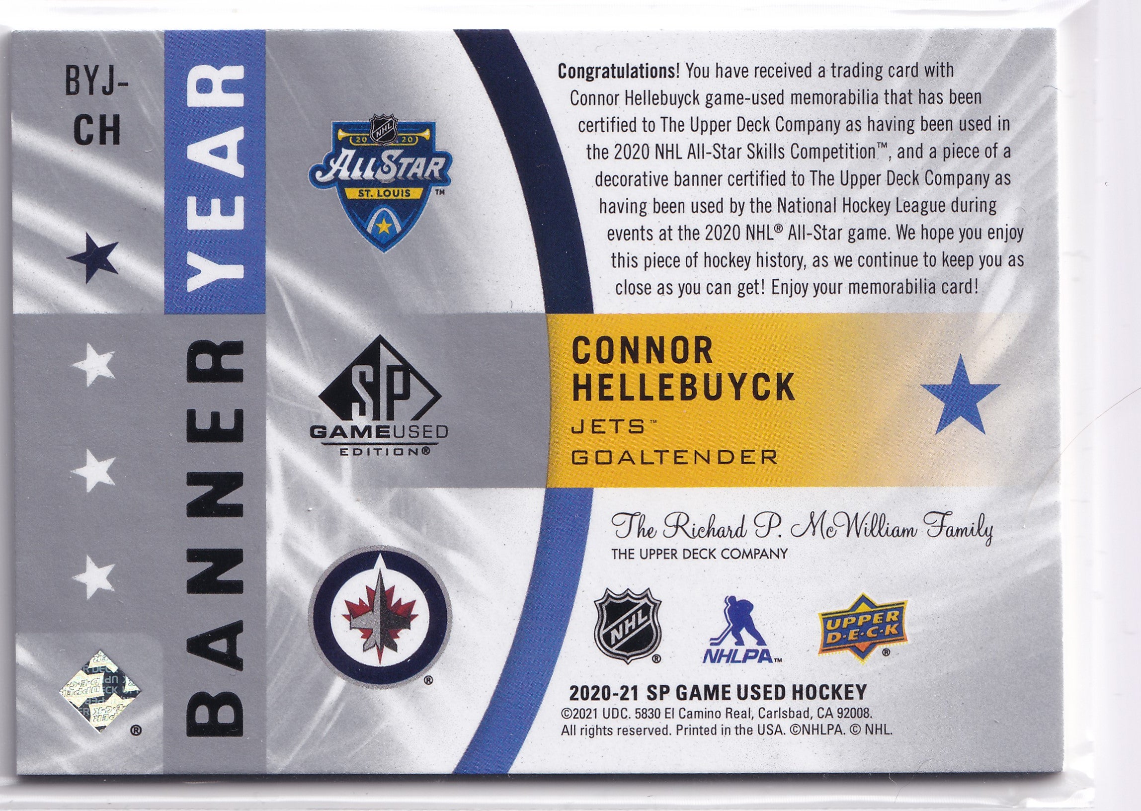 Connor Hellebuyck – 2020-21 SP Game Used All-Star Banner-Jersey Relics #BYJ-CH
