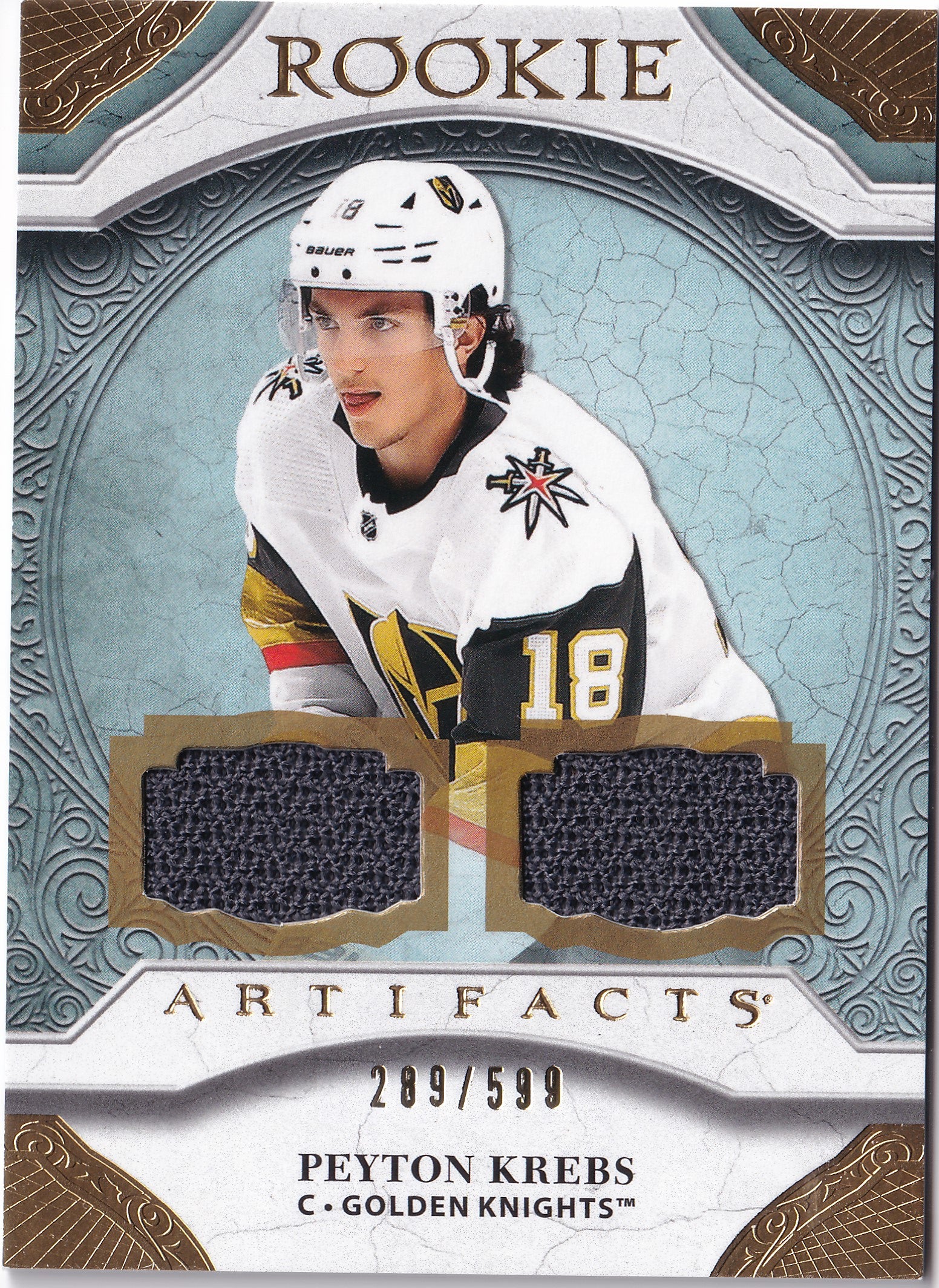 Peyton Krebs – 2020-21 Upper Deck Artifacts Material Gold Rookie Dual Jersey RC #175 289/599 – Vegas Golden Knights