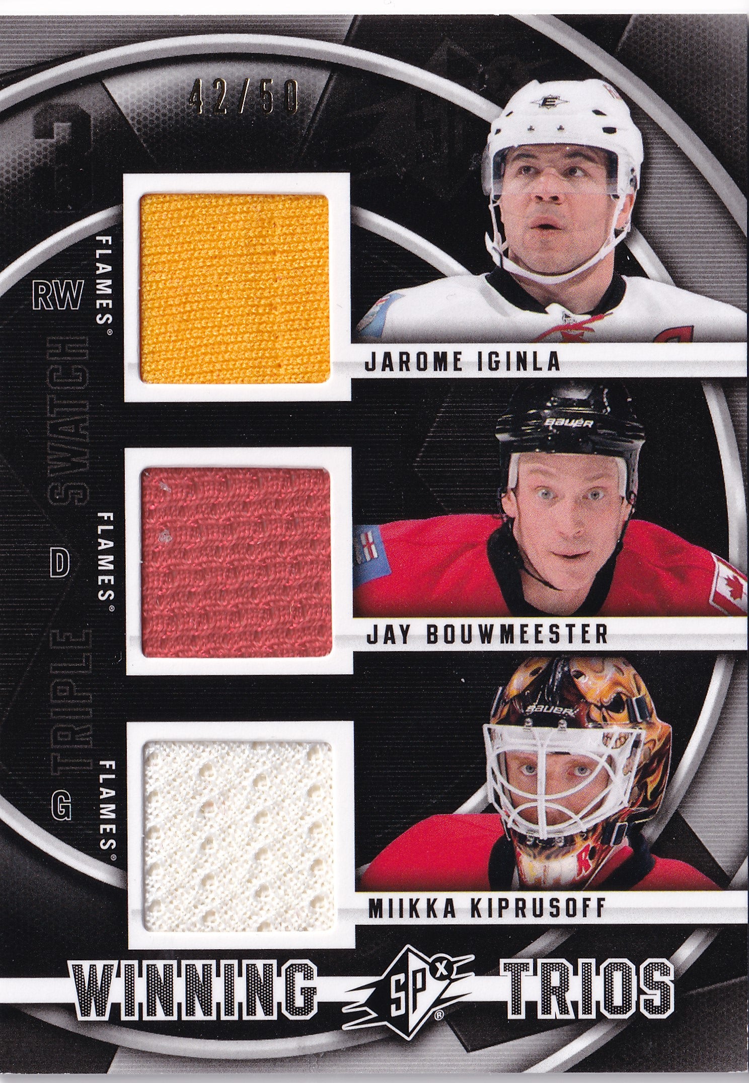 Jarome Iginla / Jay Bouwmeester / Miikka Kiprusoff – 2011-12 Upper Deck SPx Winning Trios Triple Game-Used Jersey /50 #WT-IBK
