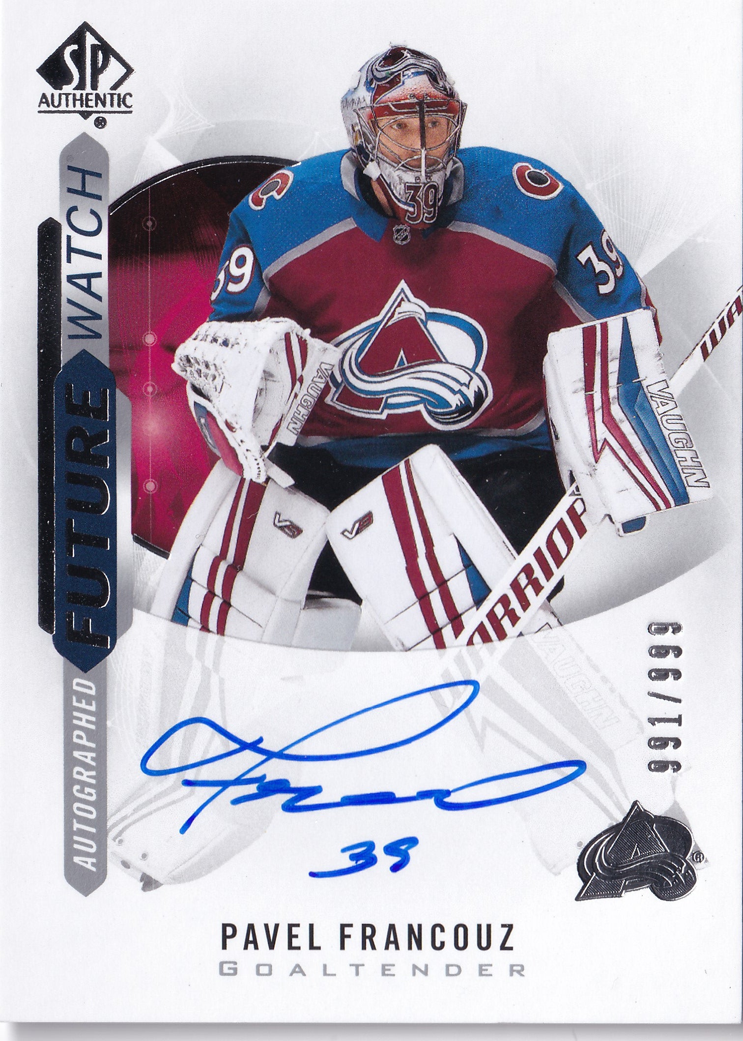 Pavel Francouz – 2020-21 SP Authentic Future Watch Auto RC #158 991/999 – Colorado Avalanche