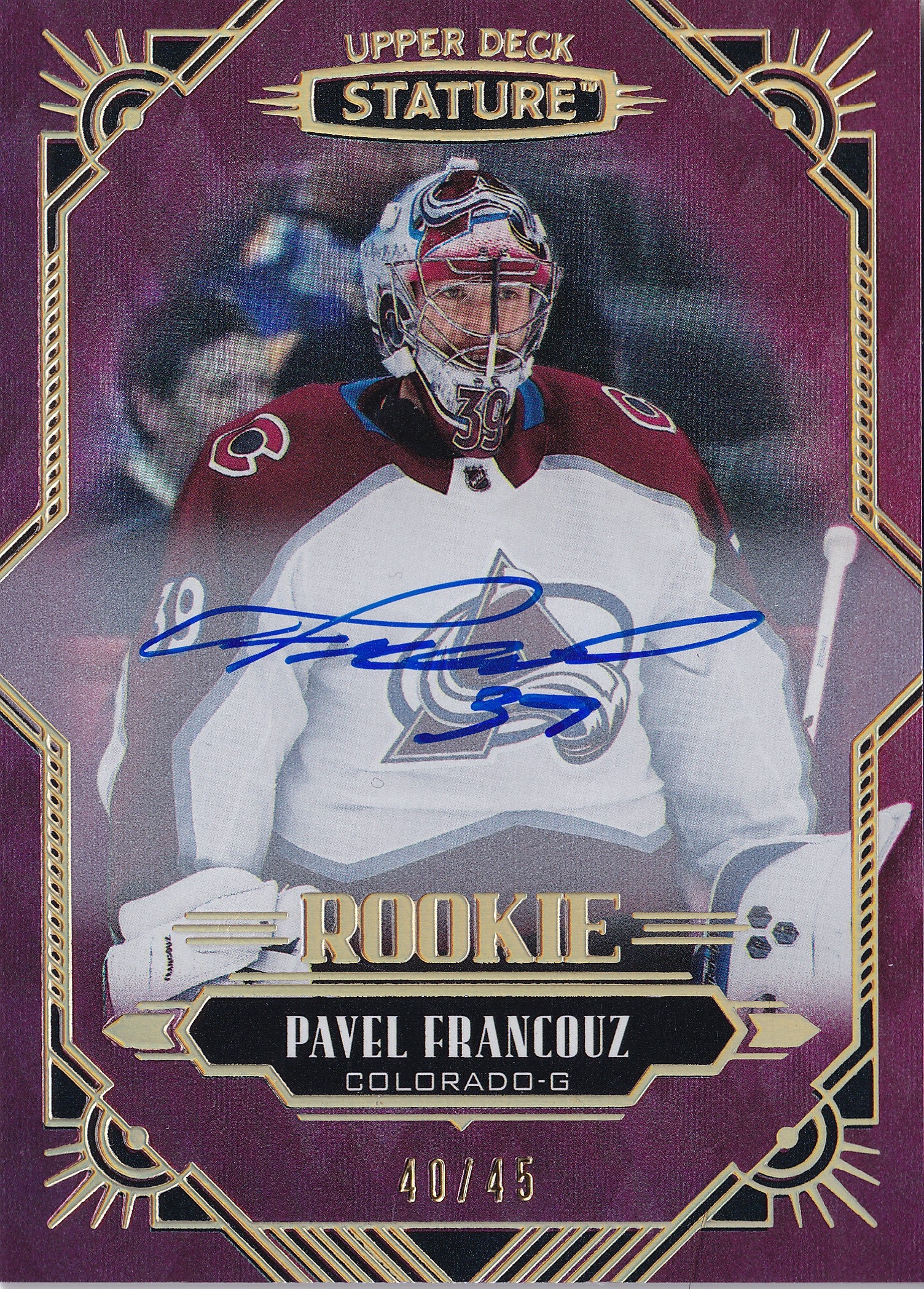 Pavel Francouz – 2020-21 Upper Deck Stature Rookie Red Auto #174 40/45