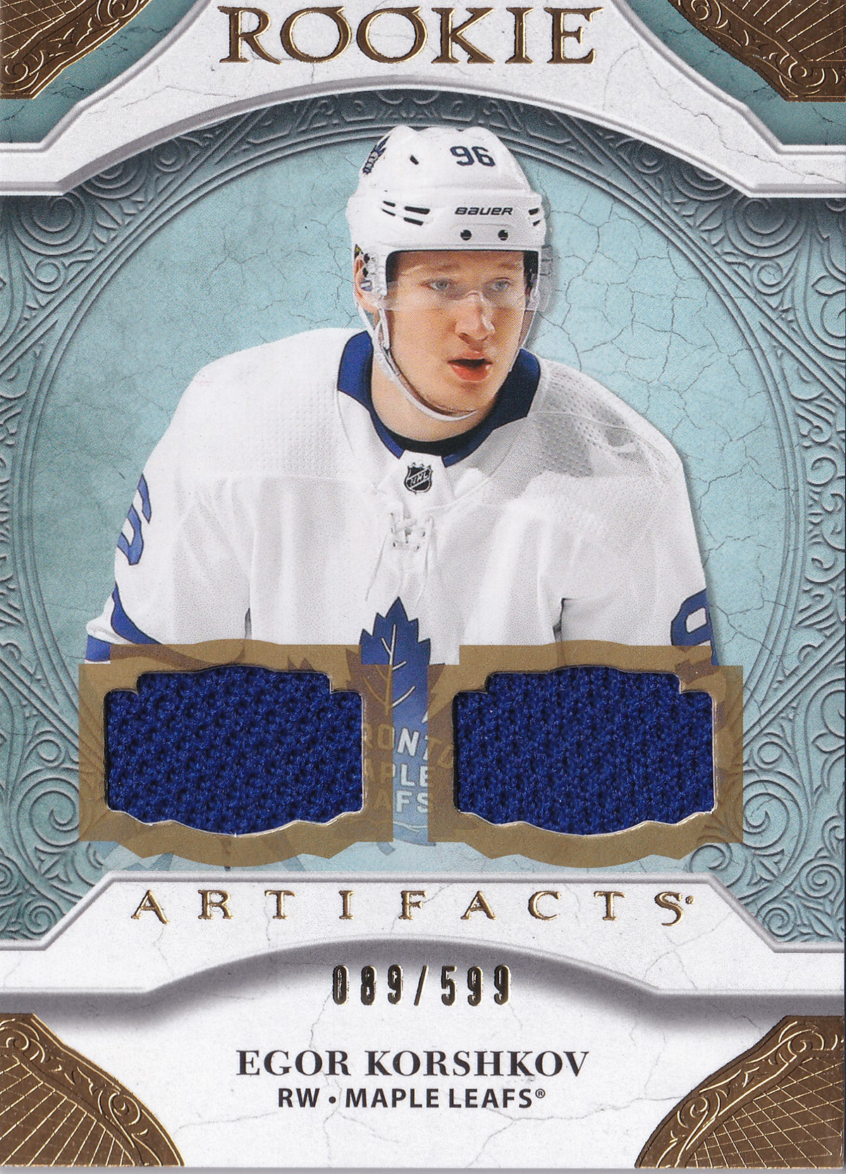 Egor Korshkov – 2020-21 Upper Deck Artifacts Rookie Dual Jersey #168 /599 – Toronto Maple Leafs