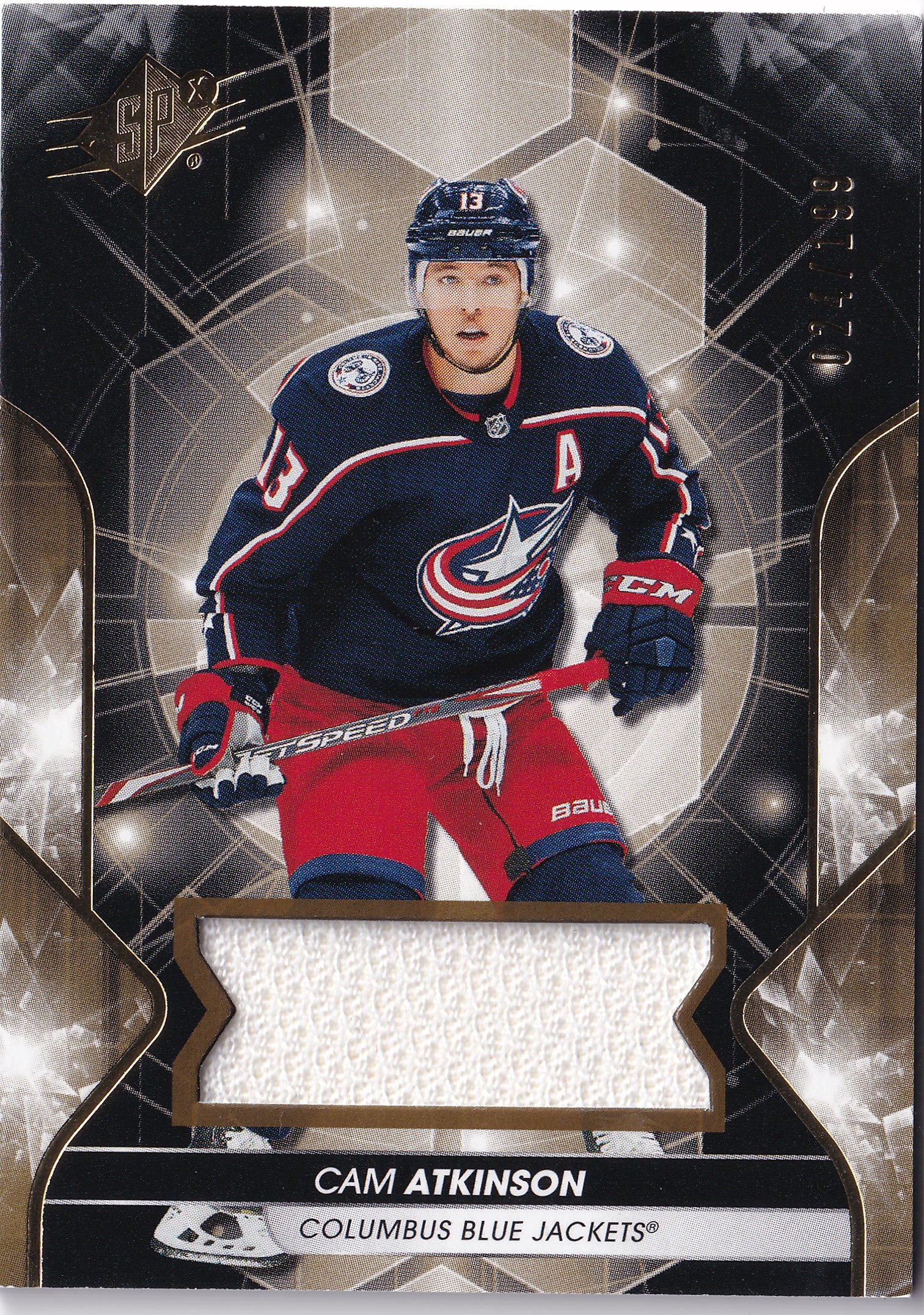 Cam Atkinson – 2019-20 Upper Deck SPx Base Materials Jersey #23 /199 Game-Used