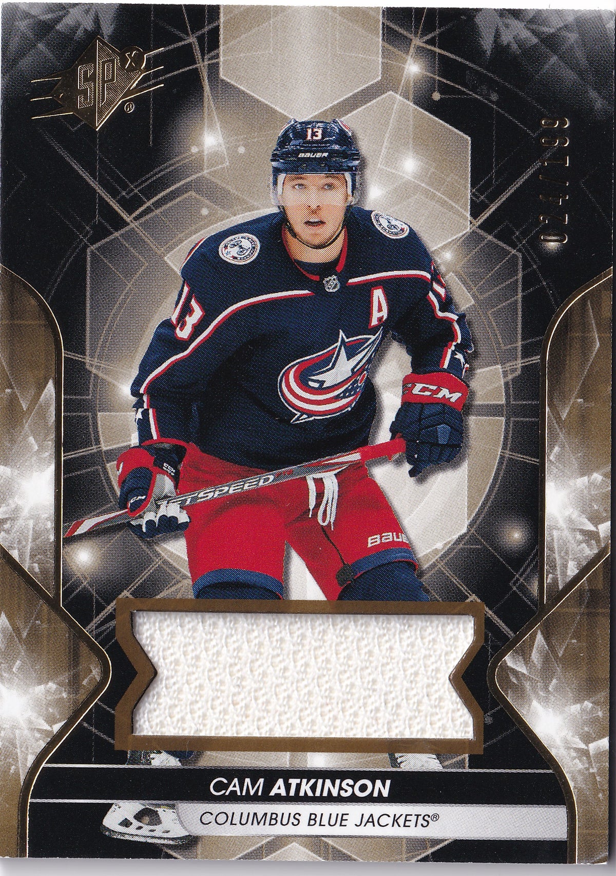 Cam Atkinson – 2019-20 Upper Deck SPx Base Materials Jersey #23 /199 Game-Used
