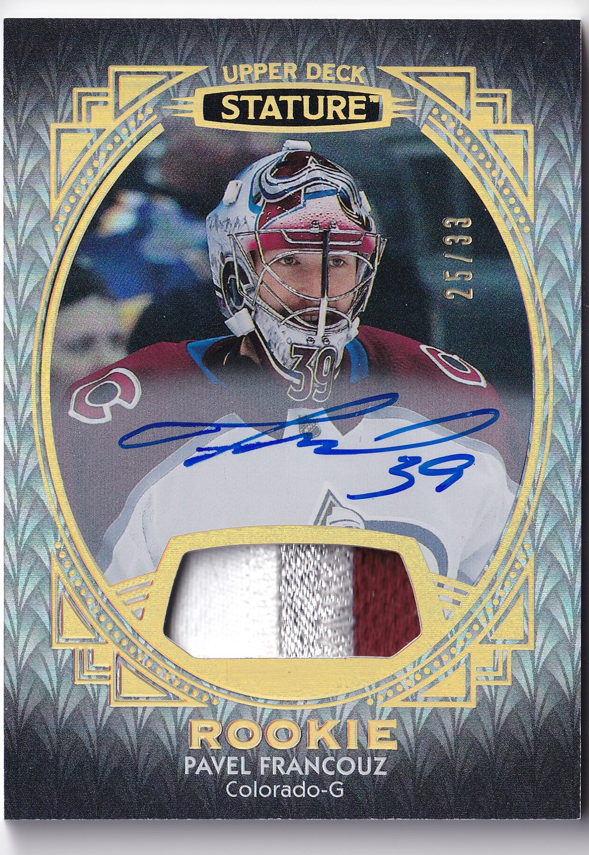 Pavel Francouz #174 – Portrait Autographs Patch 25/33 – 2020-21 Upper Deck Stature