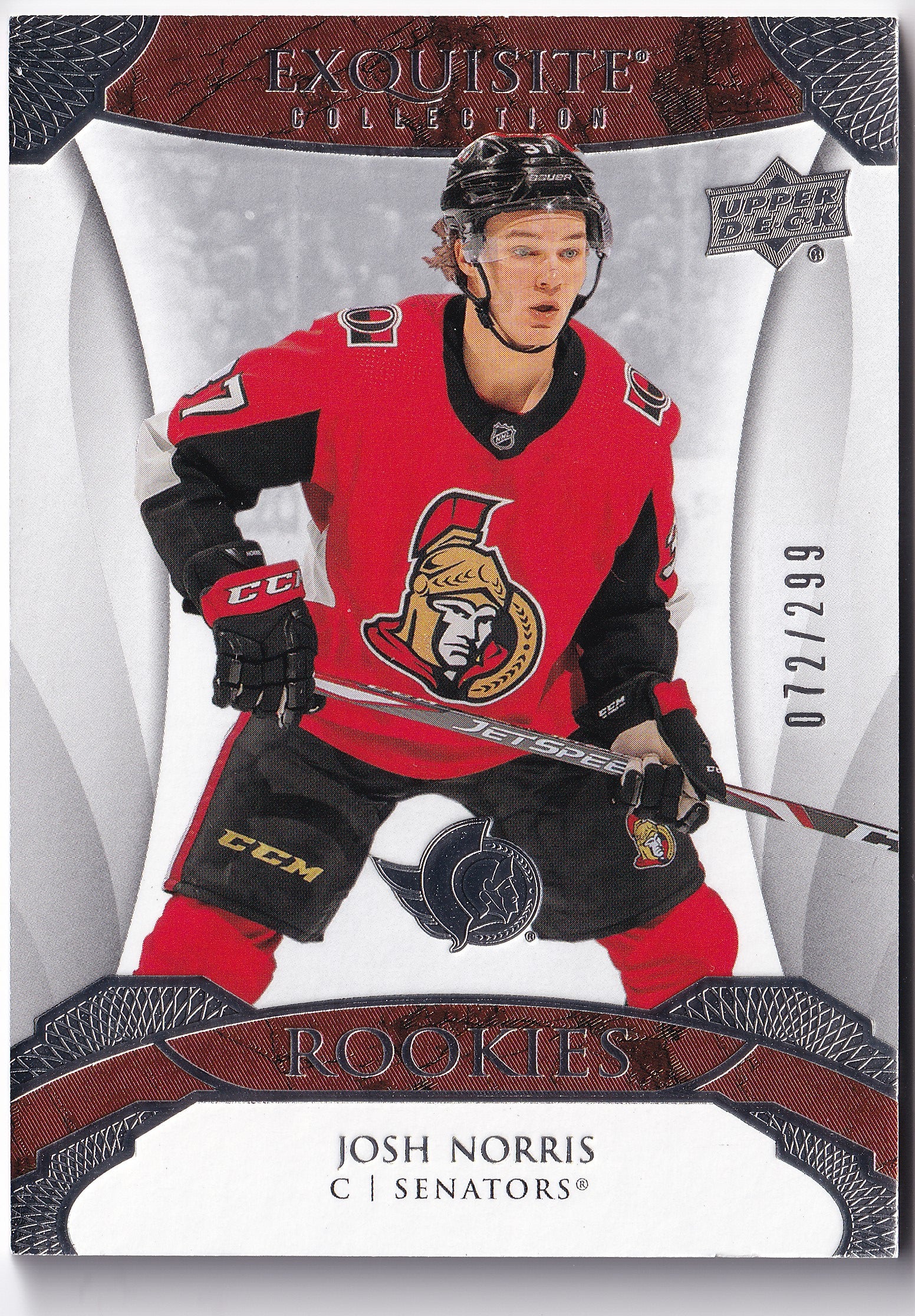 Josh Norris – 2020-21 Upper Deck Black Diamond Exquisite Collection Rookies RC #R-JN 072/299 – Ottawa Senators