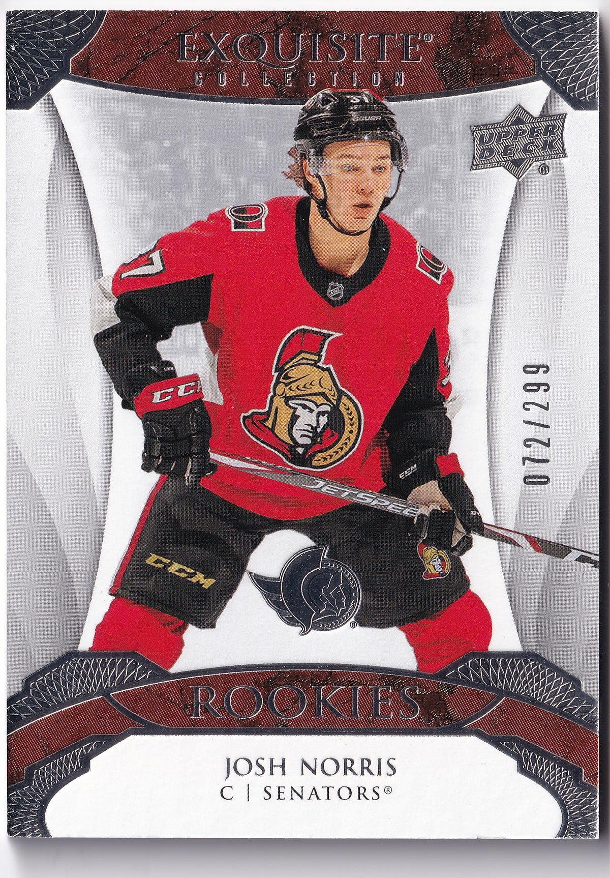 Josh Norris – 2020-21 Upper Deck Black Diamond Exquisite Collection Rookies RC #R-JN 072/299 – Ottawa Senators