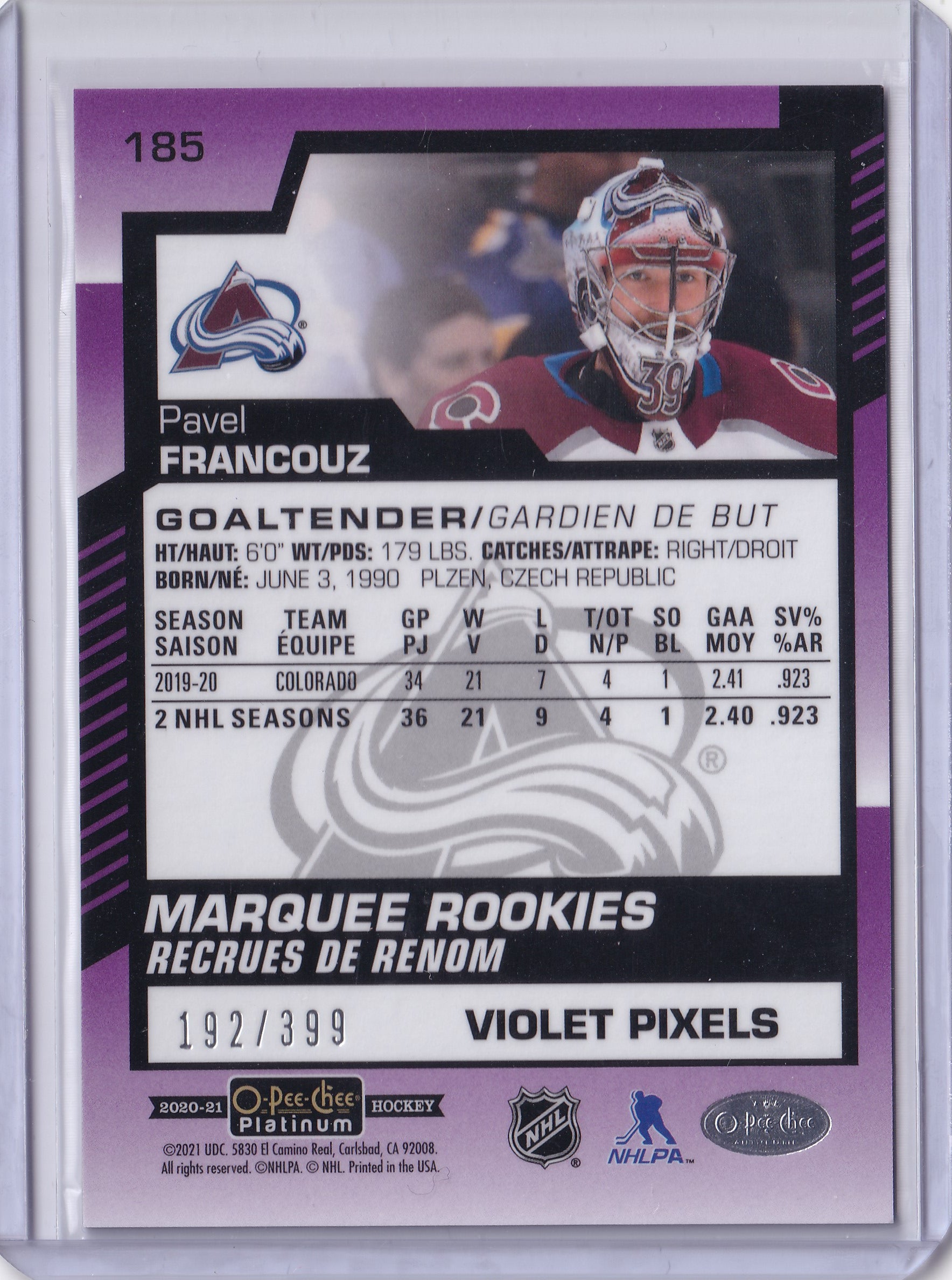 Pavel Francouz – 2020-21 O-Pee-Chee Platinum Marquee Rookies Violet Pixels RC #185 192/399 – Colorado Avalanche