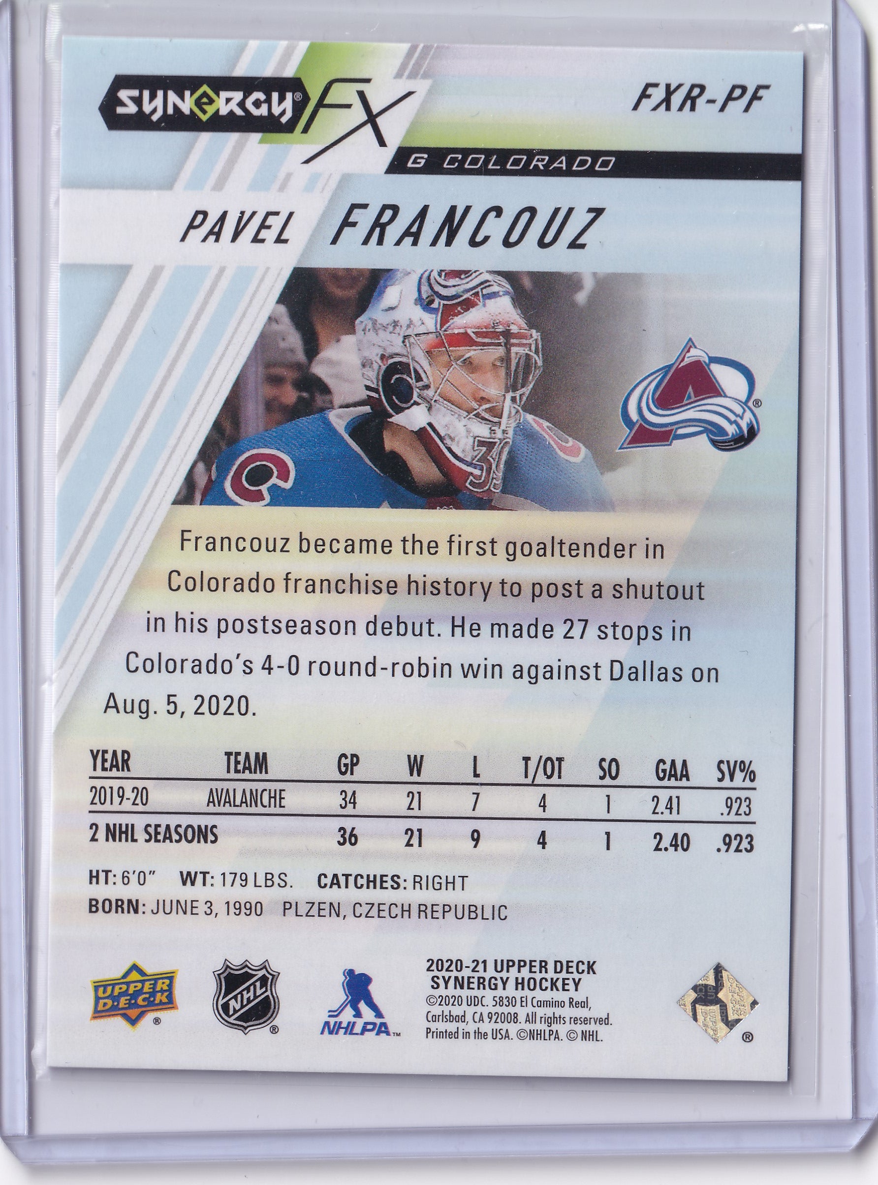 Pavel Francouz – 2020-21 Upper Deck Synergy FX Rookies Purple RC #FXR-PF 104/349 – Colorado Avalanche