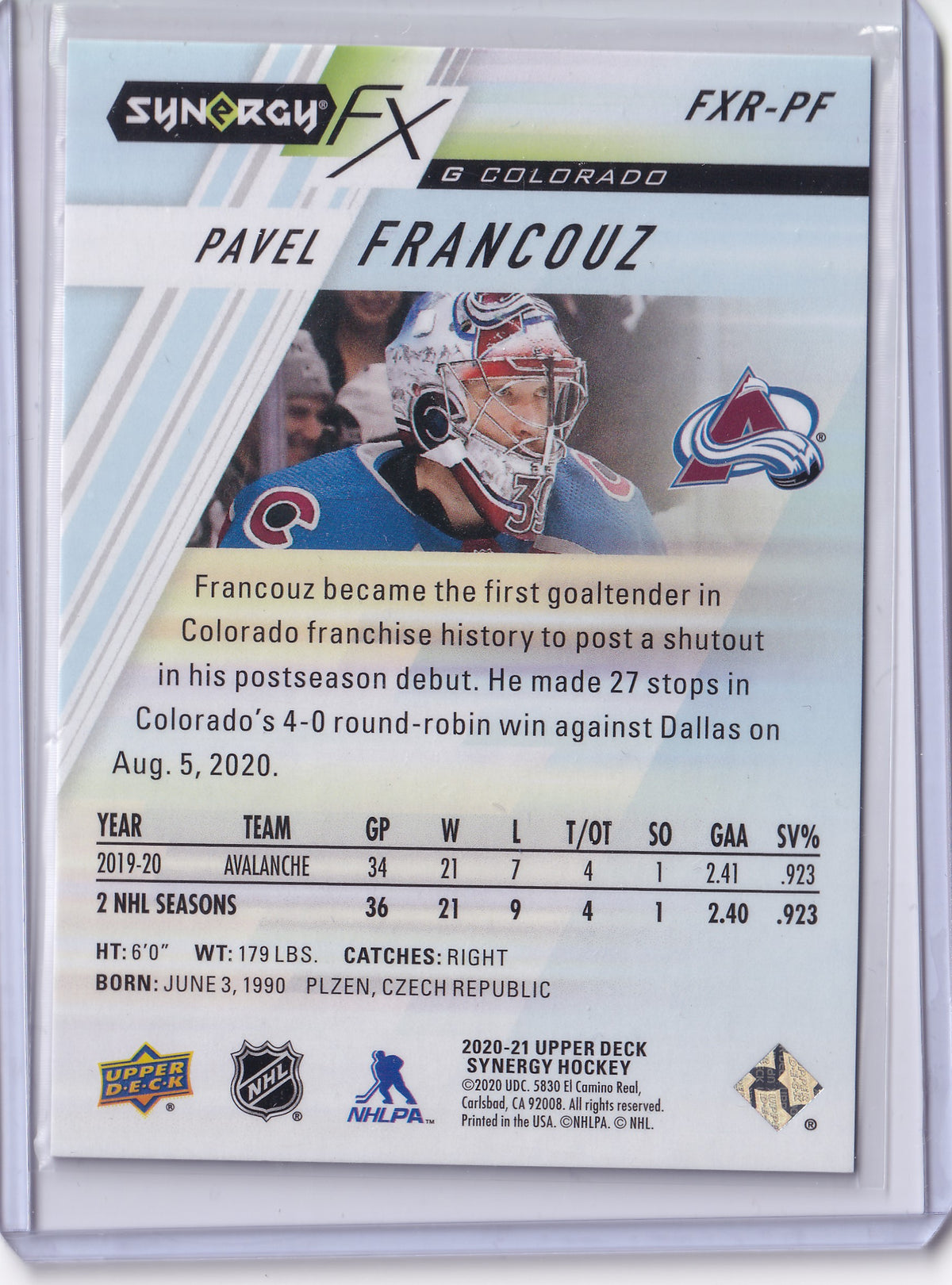 Pavel Francouz – 2020-21 Upper Deck Synergy FX Rookies Purple RC #FXR-PF 104/349 – Colorado Avalanche