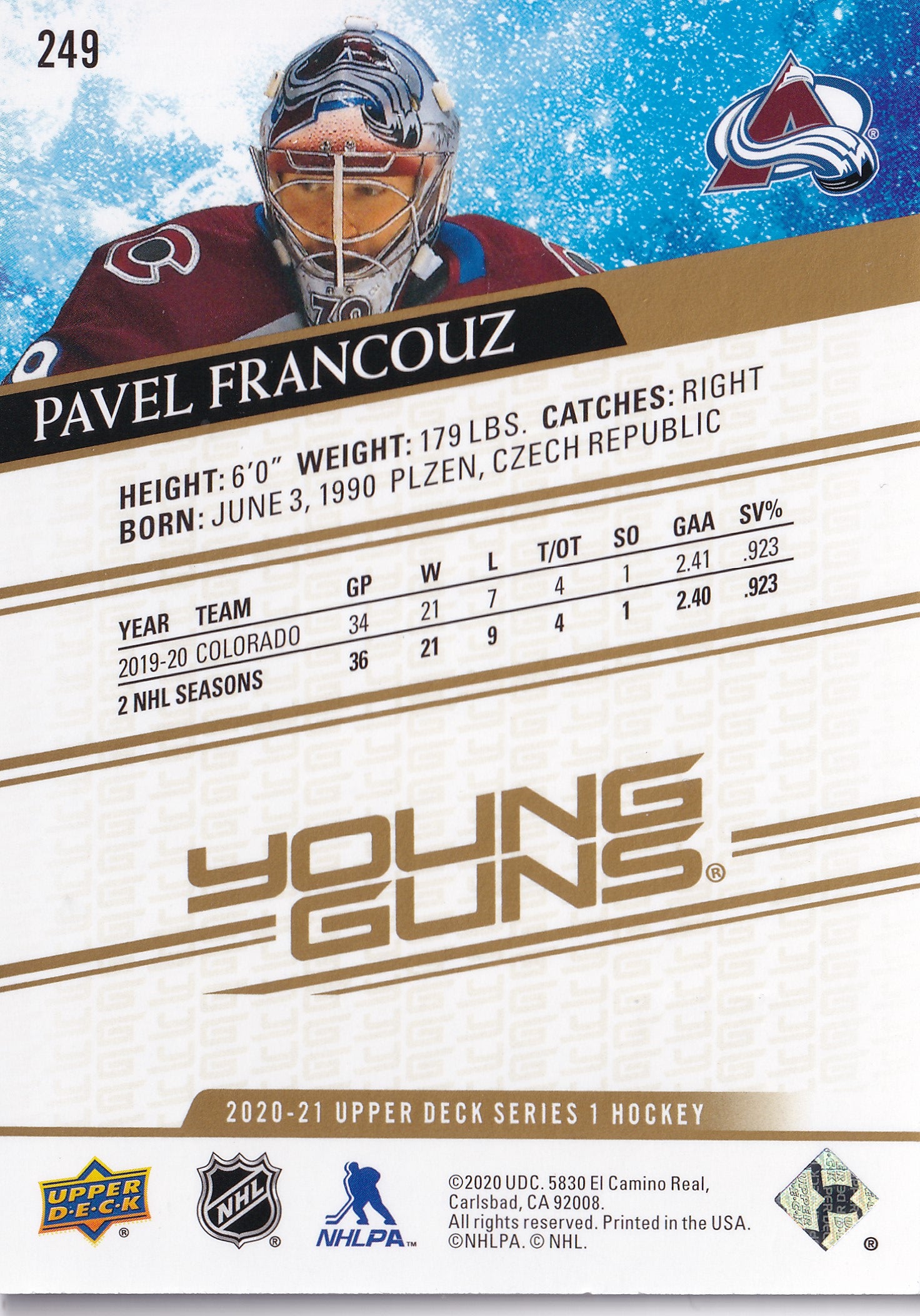 Pavel Francouz – 2020-21 Upper Deck Series 1 Young Guns High Gloss RC #249 10/10 – Colorado Avalanche