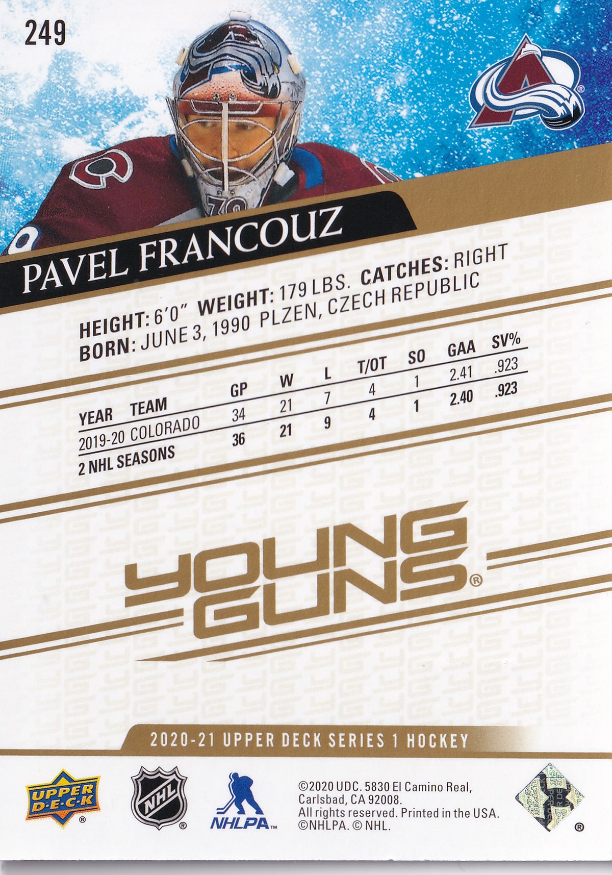 Pavel Francouz – 2020-21 Upper Deck Series 1 Young Guns High Gloss RC #249 10/10 – Colorado Avalanche