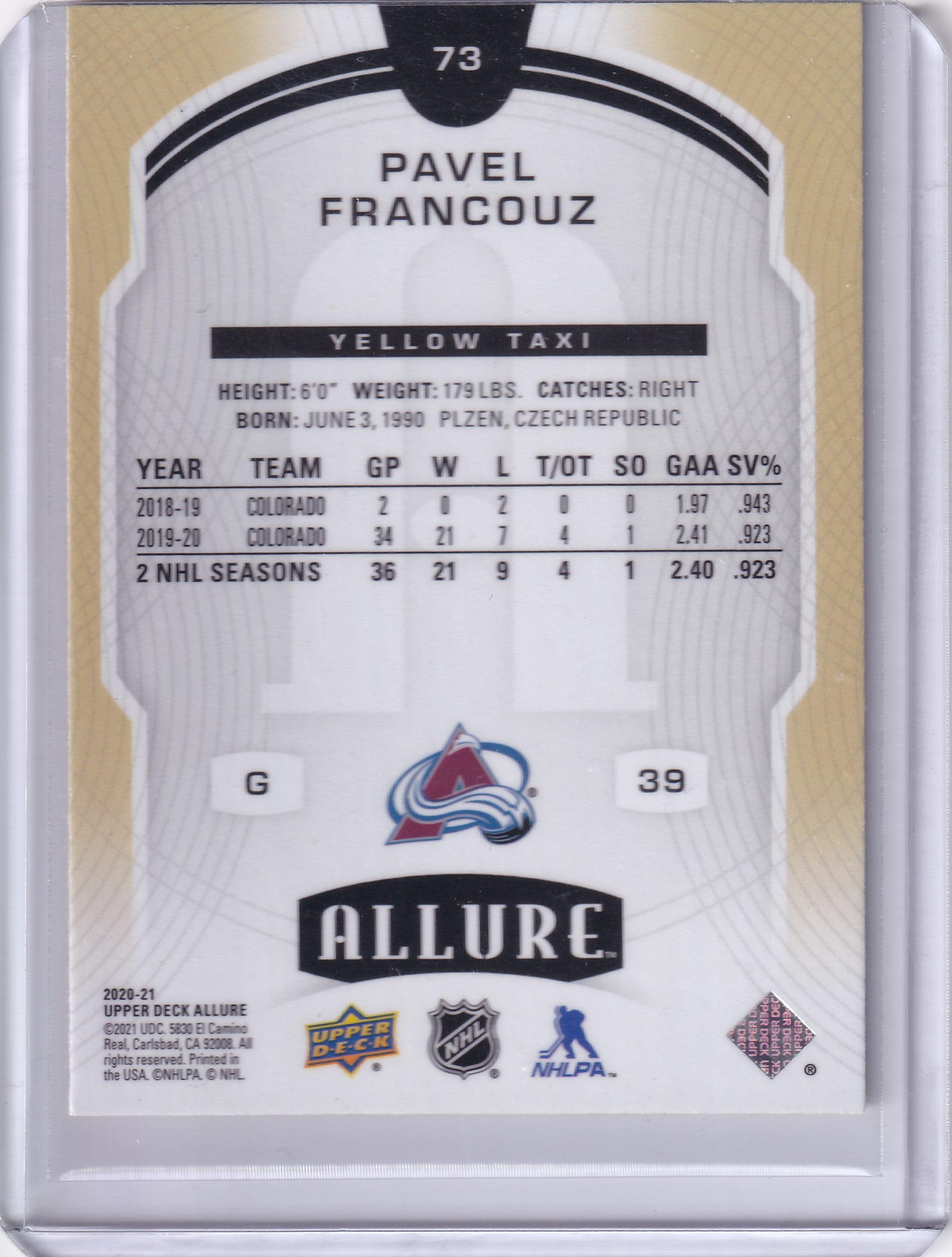 Pavel Francouz #73 – Yellow Taxi Rookie – 2020-21 Upper Deck Allure