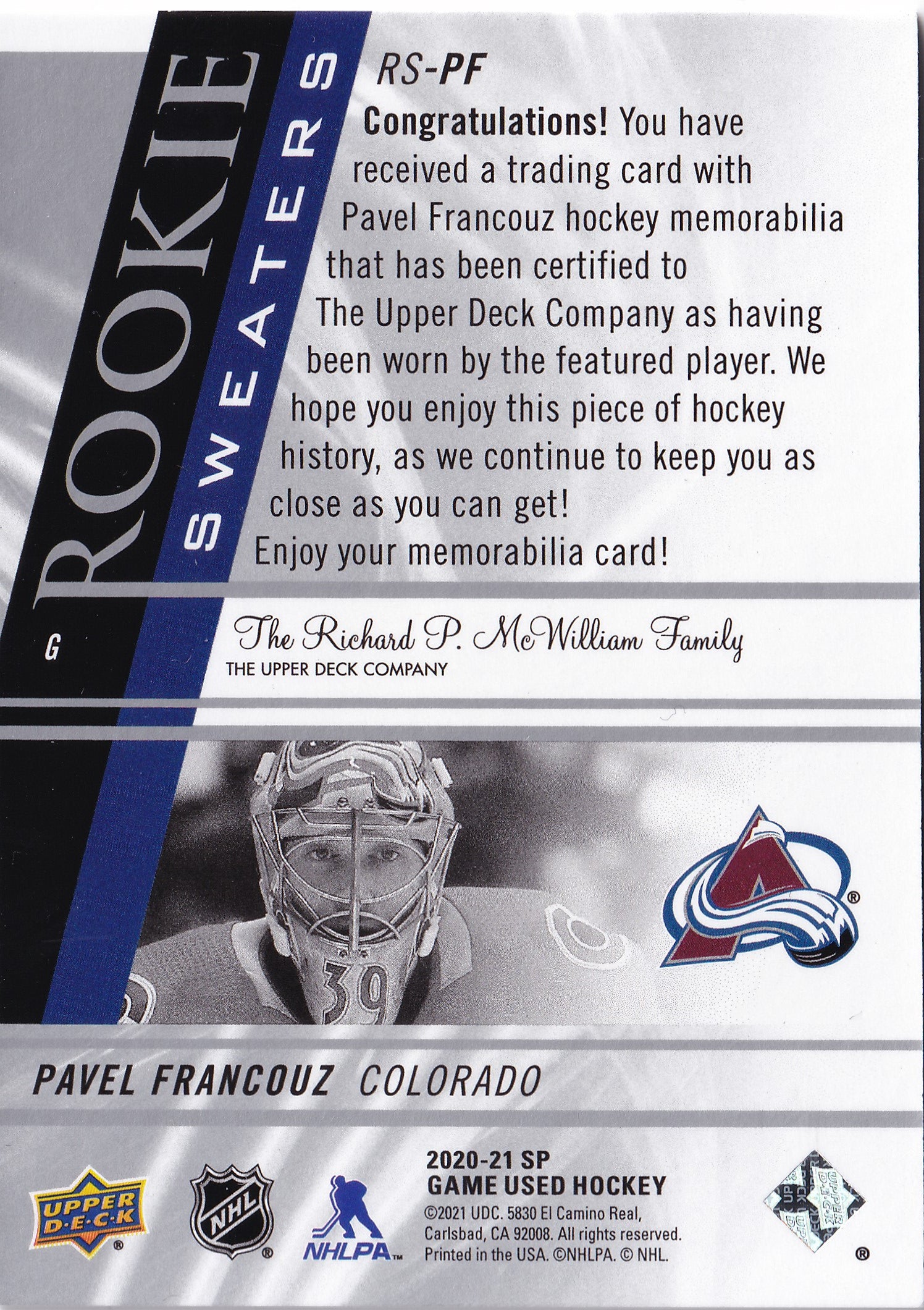 Pavel Francouz – 2020-21 SP Game Used Rookie Sweaters Jersey RC #RS-PF 171/249 – Colorado Avalanche