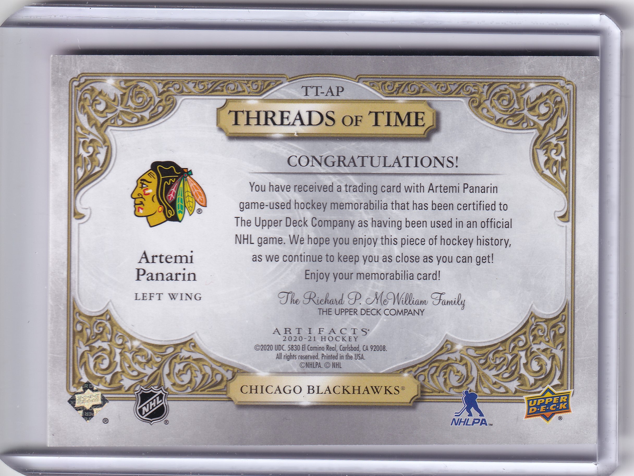 Artemi Panarin – 2020-21 Upper Deck Artifacts Threads of Time Game-Used Jersey #TT-AP
