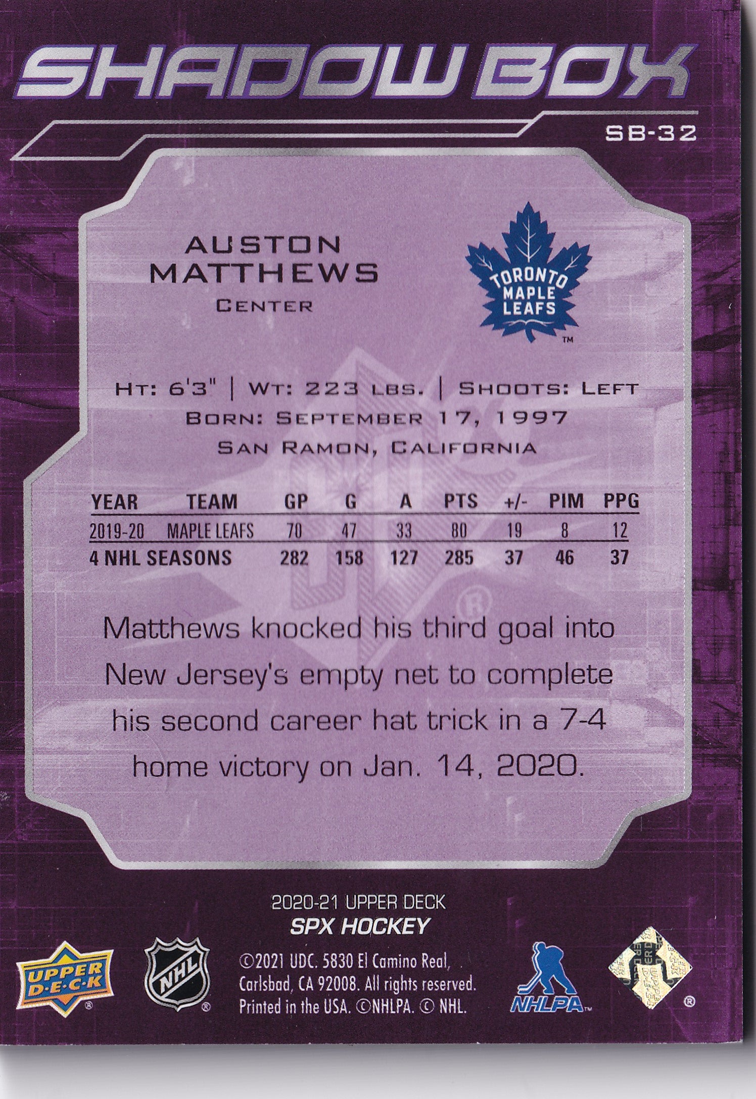 Auston Matthews – 2020-21 Upper Deck SPx Shadow Box #SB-32