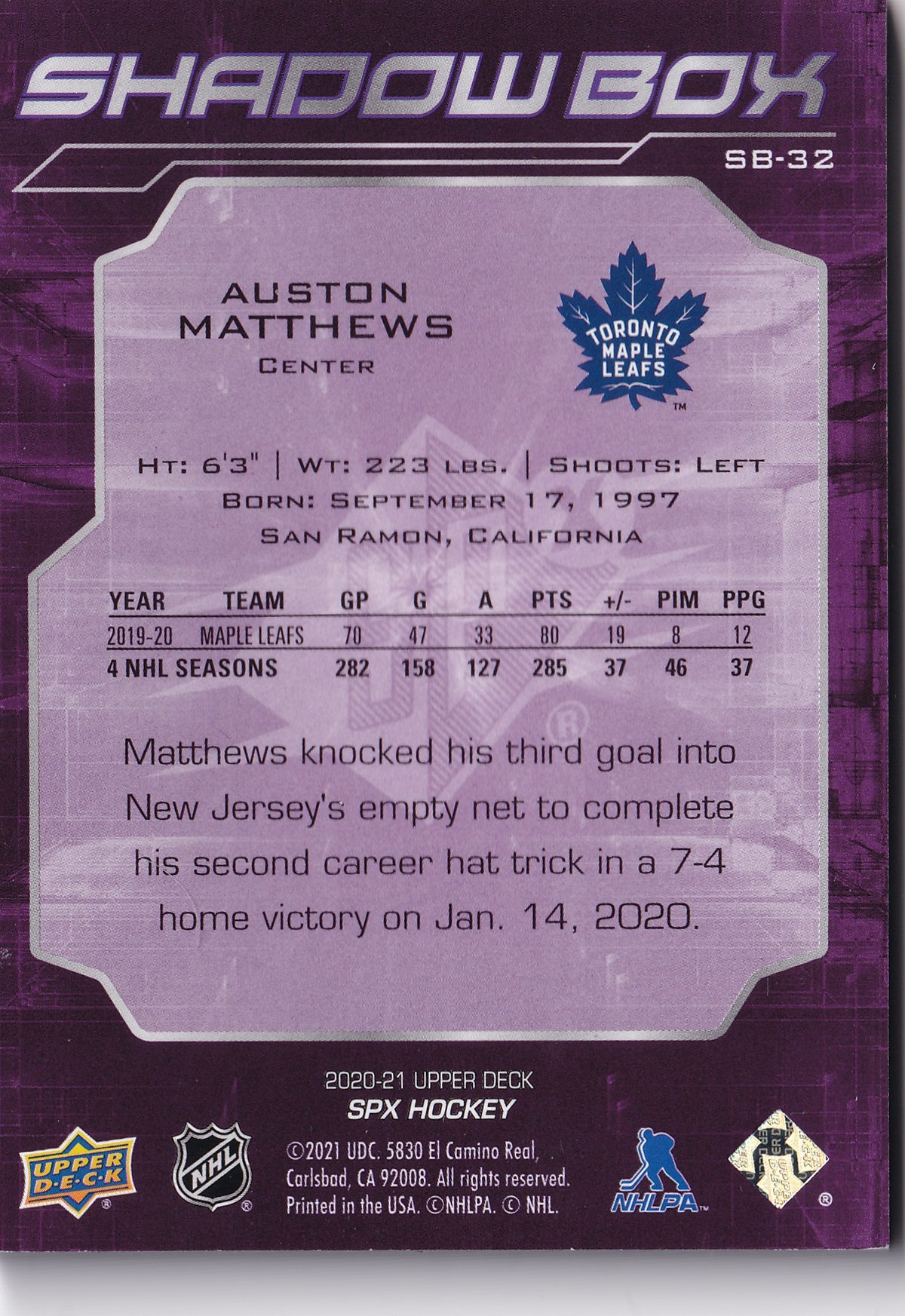 Auston Matthews – 2020-21 Upper Deck SPx Shadow Box #SB-32