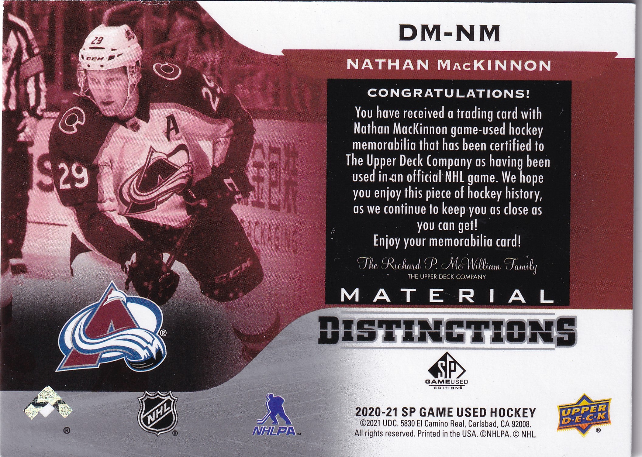 Nathan MacKinnon – 2020-21 SP Game Used Material Distinctions Jersey #DM-NM