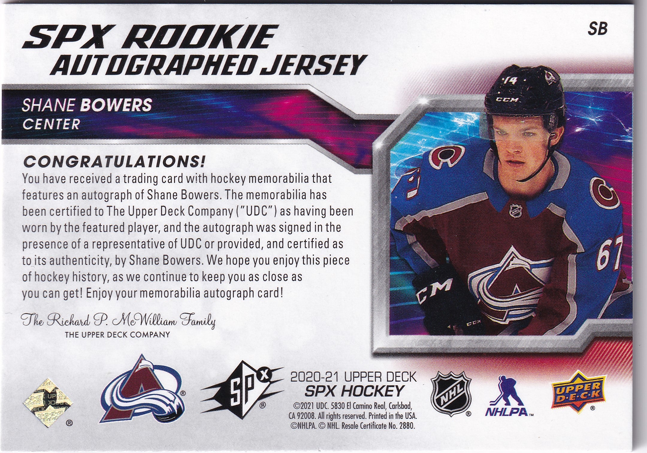 Shane Bowers – 2020-21 Upper Deck SPx Rookie Jersey Autograph #SB /375 – Auto + Jersey RC – Colorado Avalanche