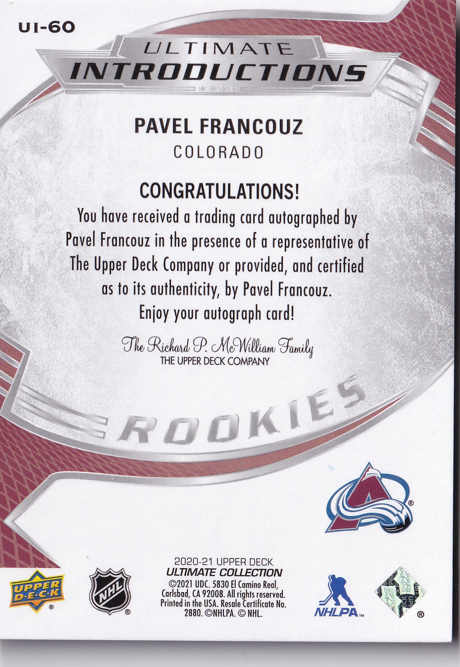 Pavel Francouz UI-60 – Ultimate Introductions Gold Autograph 37/50 – 2020-21 Upper Deck Ultimate Collection