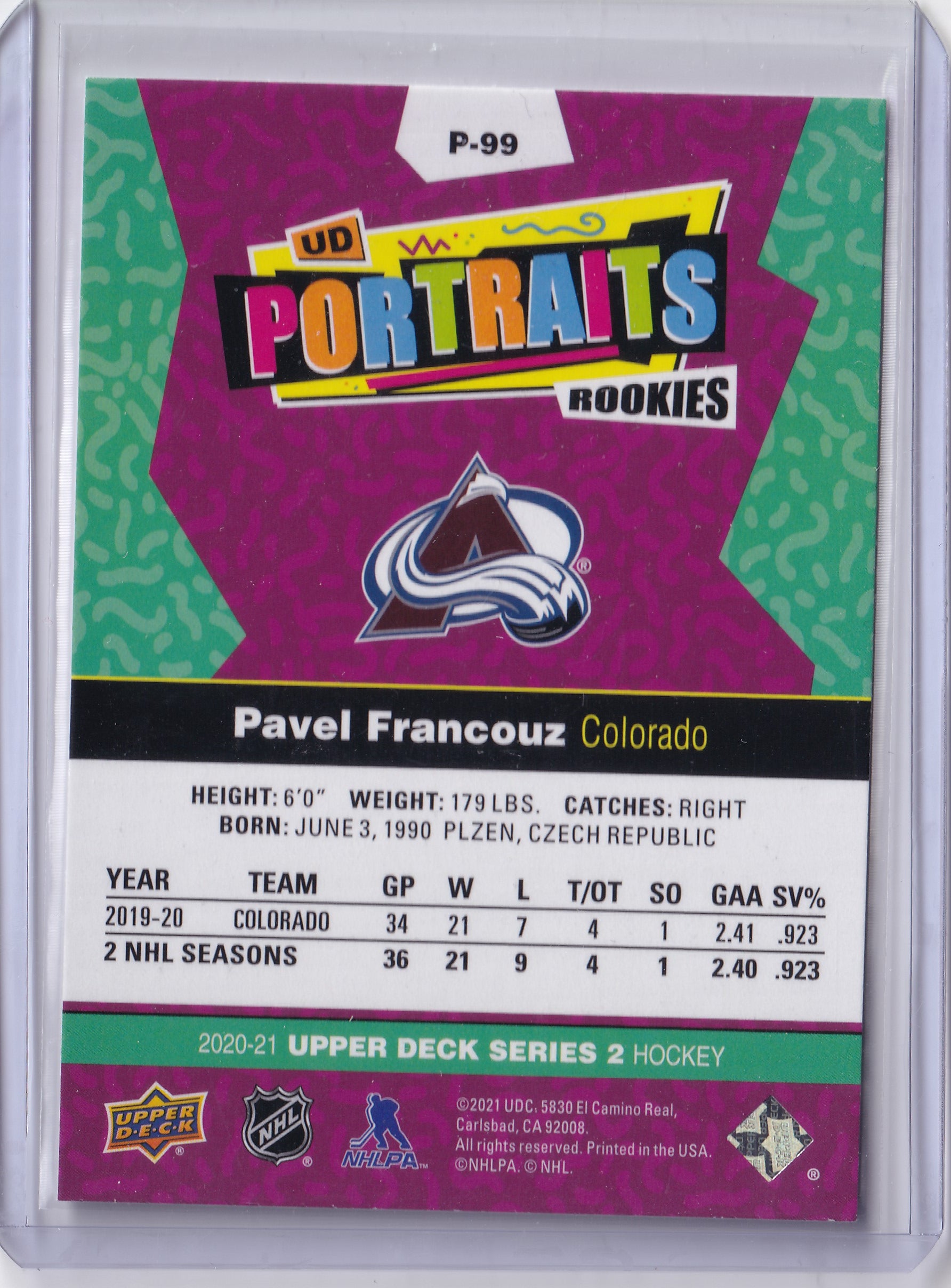 Pavel Francouz P-99 – UD Portraits Rookies – 2020-21 Upper Deck Series 2