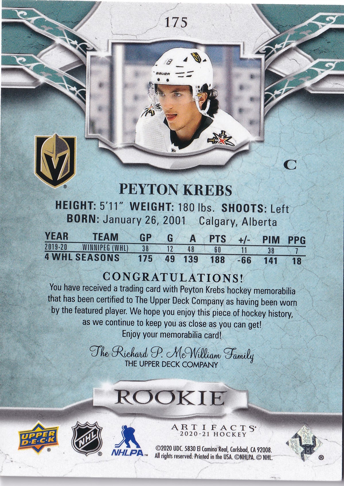 Peyton Krebs – 2020-21 Upper Deck Artifacts Material Gold Rookie Dual Jersey RC #175 289/599 – Vegas Golden Knights