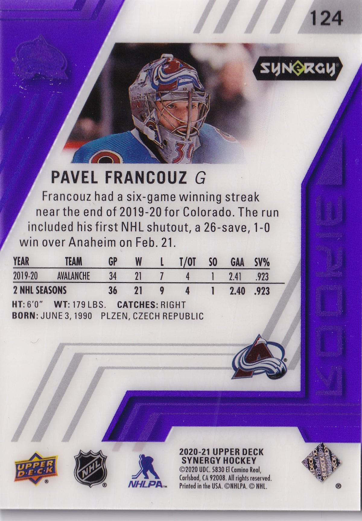 Pavel Francouz – 2020-21 Upper Deck Synergy Purple Rookie RC #124 22/35 – Colorado Avalanche