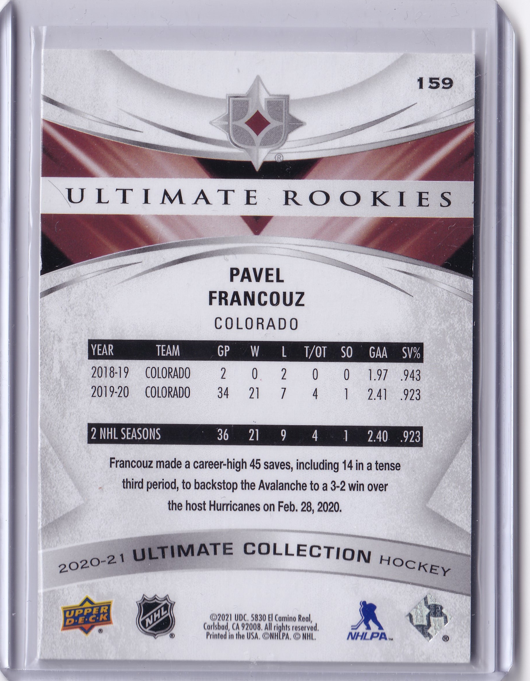Pavel Francouz #159 – Ultimate Rookies Jersey 049/649 – 2020-21 Upper Deck Ultimate Collection