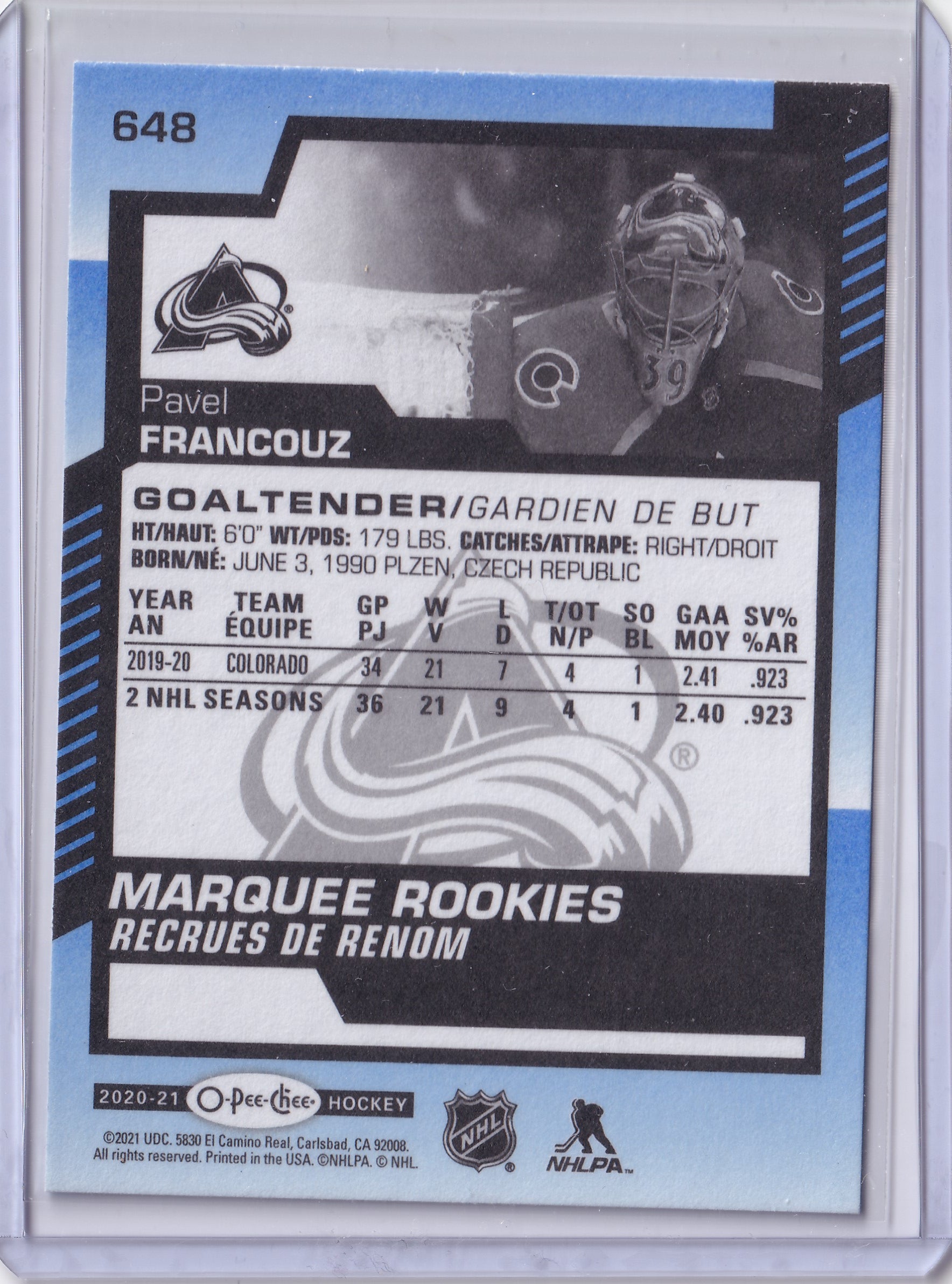 Pavel Francouz – 2020-21 Upper Deck O-Pee-Chee Update Marquee Rookies Blue Border RC #648 – Colorado Avalanche