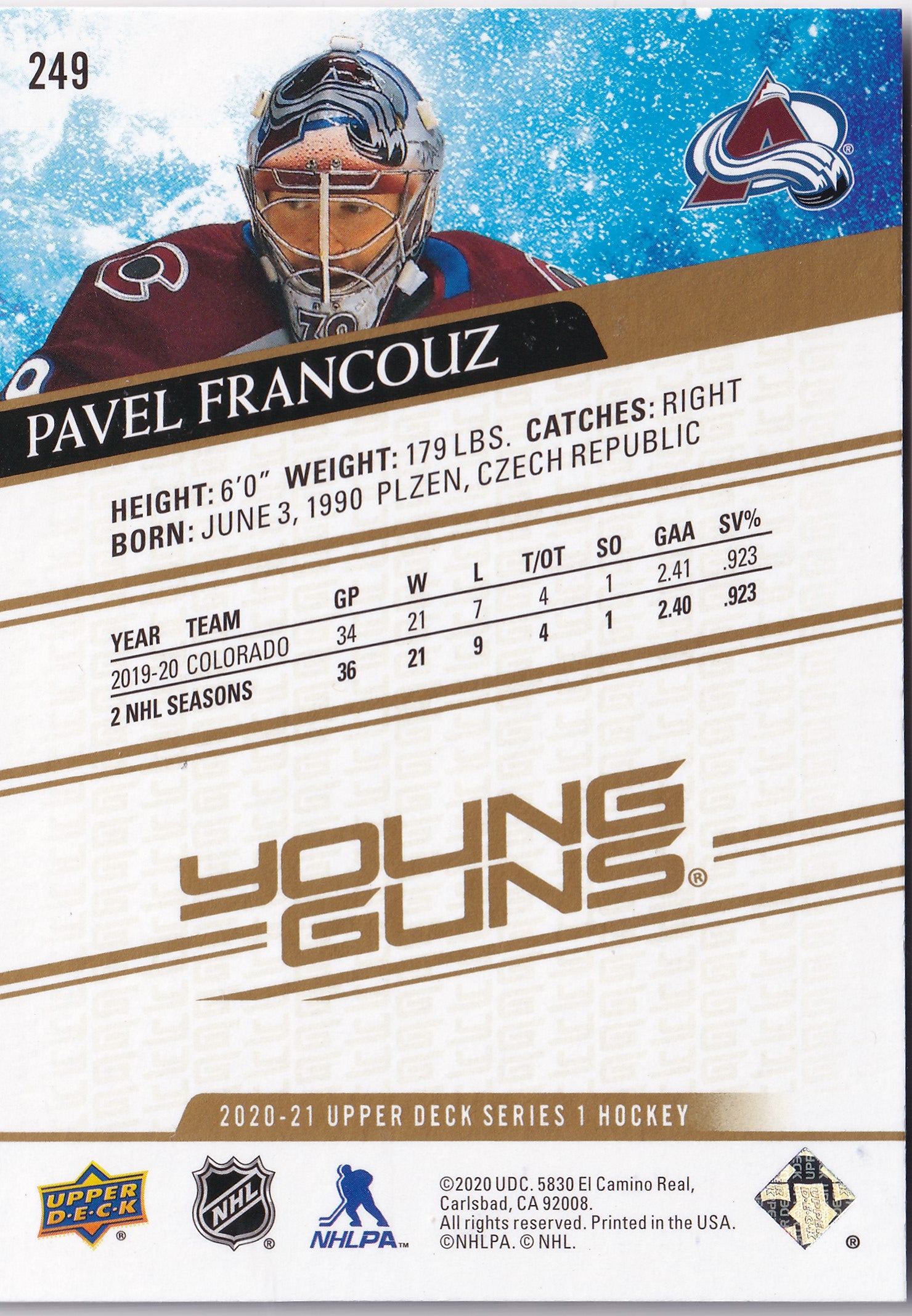 Pavel Francouz – 2020-21 Upper Deck Series 1 Young Guns Rookie #249