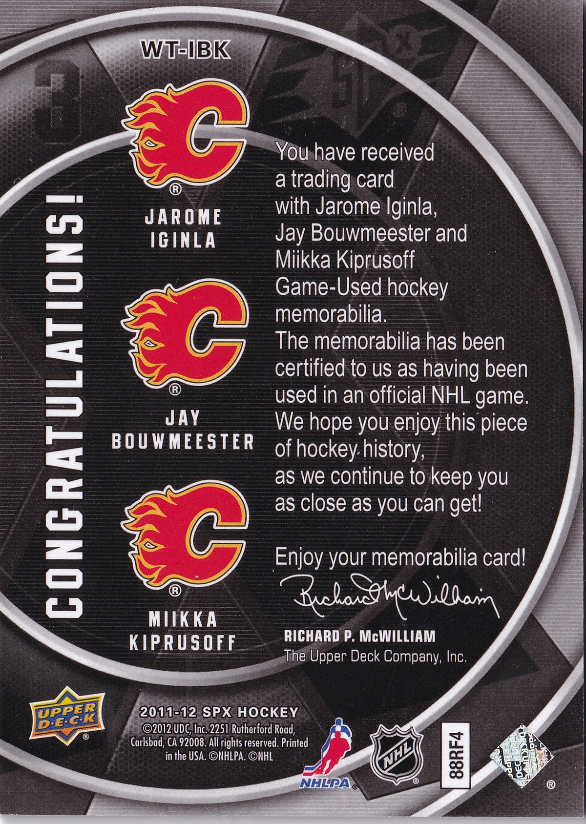 Jarome Iginla / Jay Bouwmeester / Miikka Kiprusoff – 2011-12 Upper Deck SPx Winning Trios Triple Game-Used Jersey /50 #WT-IBK