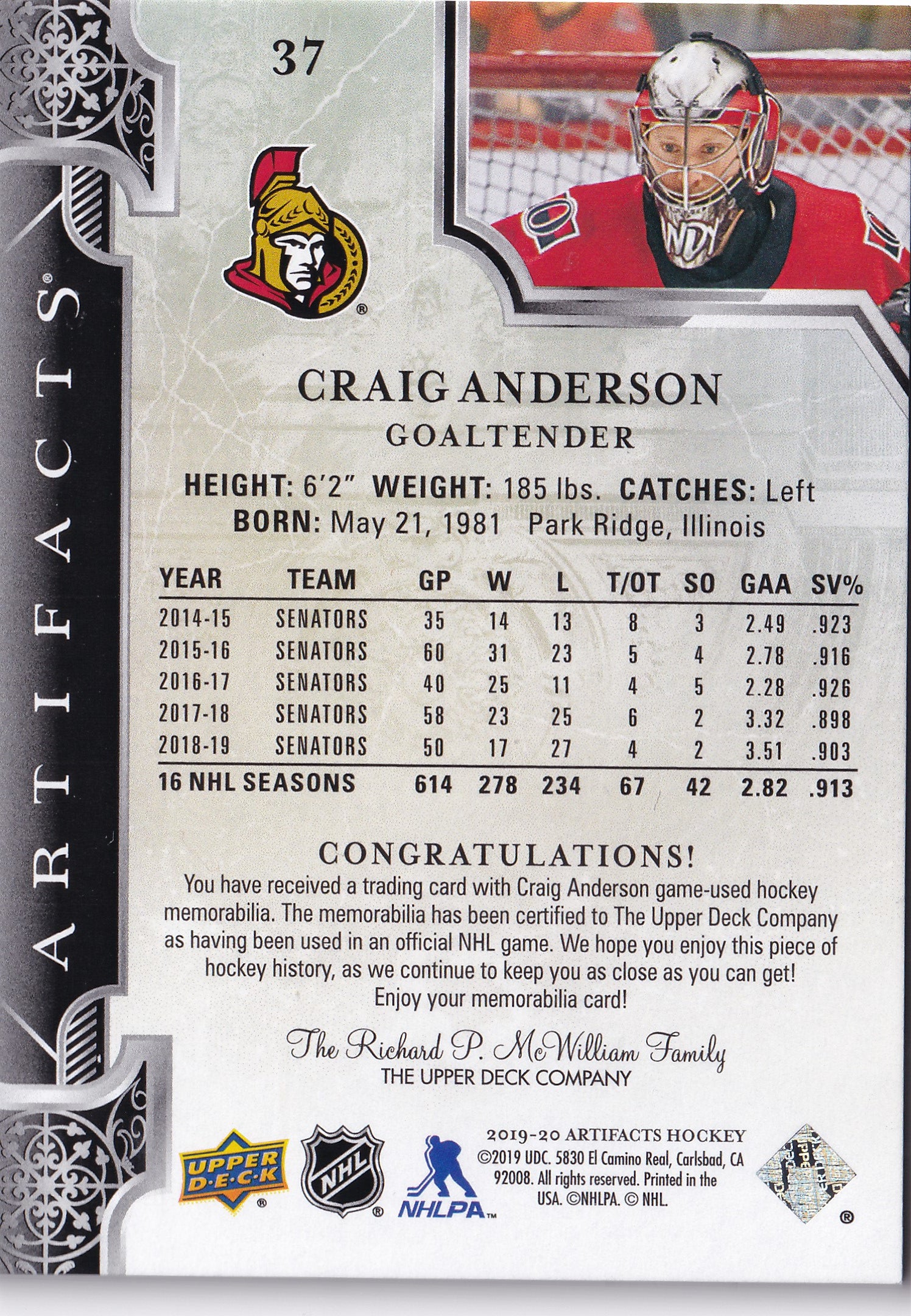 Craig Anderson – 2019-20 Upper Deck Artifacts Gold Dual Jersey /165 #37