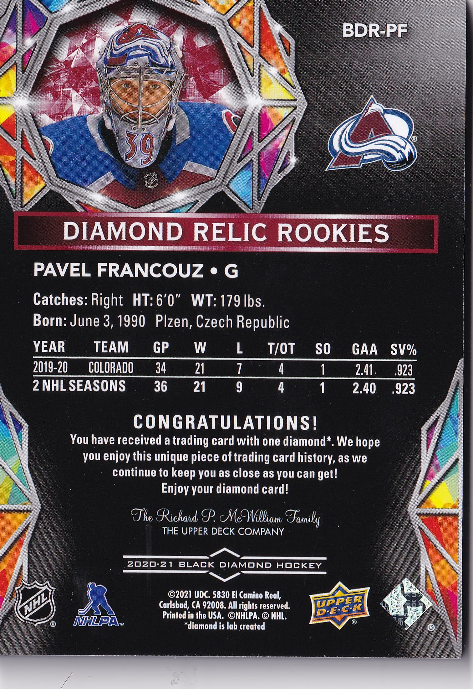 Pavel Francouz BDR-PF – Diamond Relic Rookies Ruby 04/49 – 2020-21 Upper Deck Black Diamond